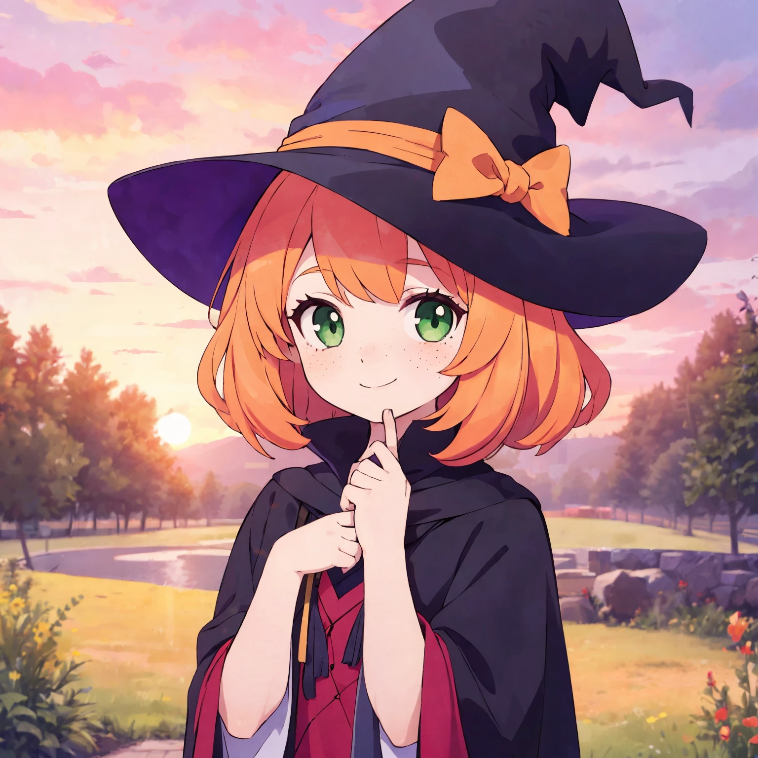 there is a drawn image of a girl in an park, 1girl, female focus, green eyes, alone, sunset, soft orange hair, short hair with long sideburns, smile, looking at viewer, Witch clothes, witch girl, freckles, witch's broom in hand