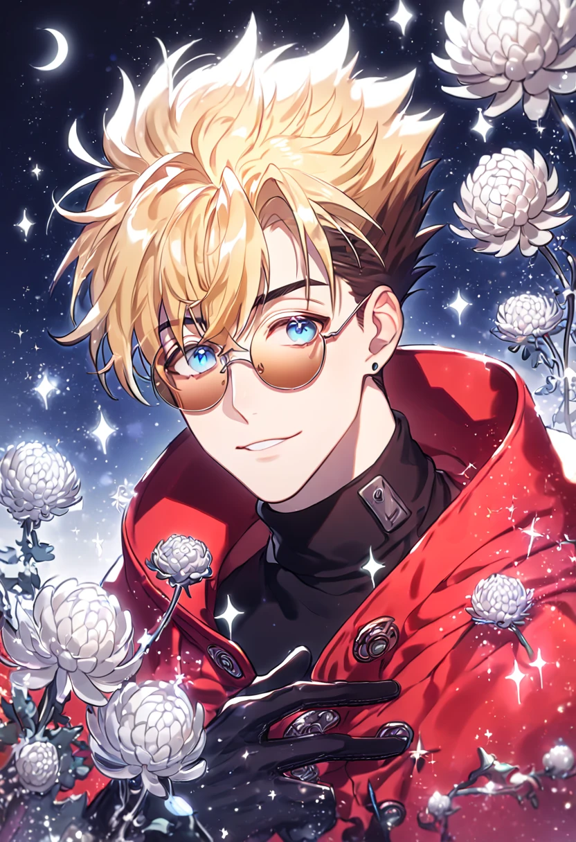 absurdres, highres, ultra detailed, HDR, master piece, best quality, extremely detailed, Vash The Stampede, blonde hair, expressive blue eyes, round amber sunglasses, Trigun, solo, sexy man, handsome, red coat, black turtleneck shirt, black gloves, fantasy, sparkling, silver glittering fireflies, silver moon, silver blossoms, silver chrysanthemums, silver sparkling lights, starry sky, magical