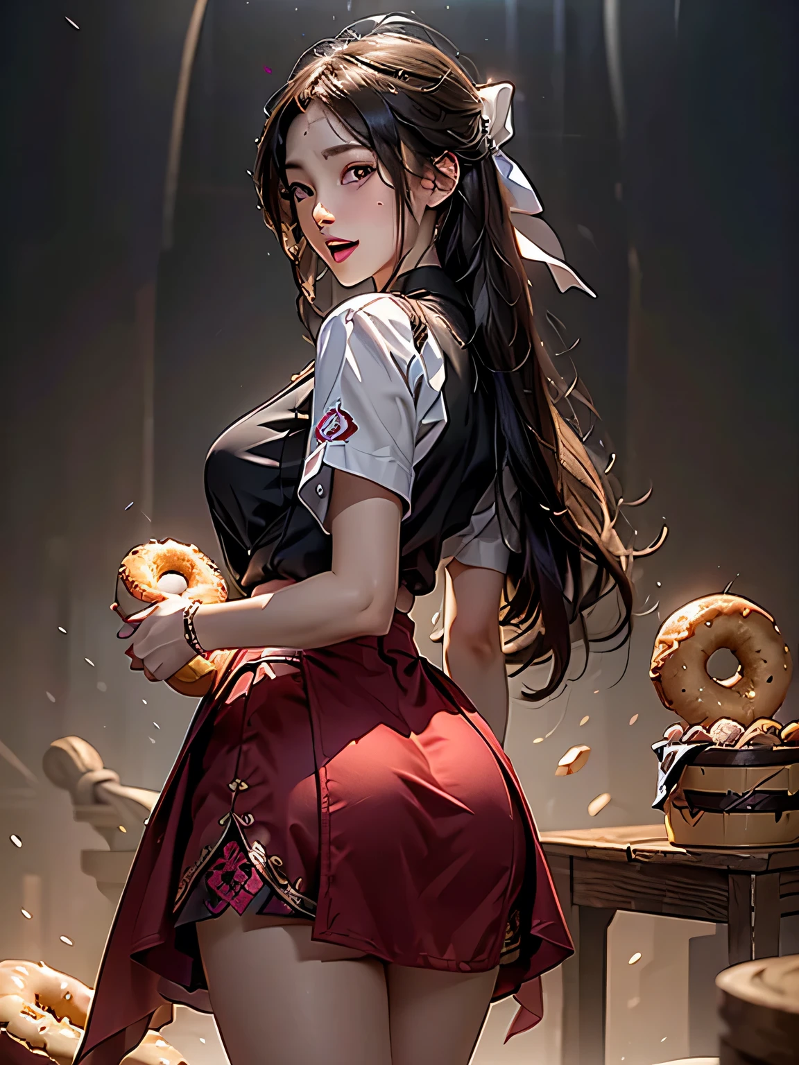 (magic circle), Back view、Super detailed、(Raw photo)、masterpiece、8k、(Highest quality)、(High resolution:1.3)、Ultra-Details、Angle from below、(Perfect Anatomy:1.3)、One girl、Turn around to look at the viewer、(Beautiful Eyes)、A confident smile、(Super hourglass body type:1.3)、(Super big breasts pointing upwards:1.3)、(Erect nipples)、(Large, raised pink areola:1.2)、Narrow waist、(Wide super big ass)、Black Hair、bangs、((high school girl eating donuts))、(White school shirt)、(Super mini pleated skirt)、Uniform bow tie、Socks、coffee、(Increased transparency)、(Super see-through)、Japanese school classroom、(Acrobatic donut eating poses and gestures)、Open your legs and stick your buttocks out、(holding a donut in hand)、Correct fingers、(A magic circle with a large donut in the background)、The next donut appears from the magic circle in his hand.々Come out on、(Open mouth and eating a donut in hand)