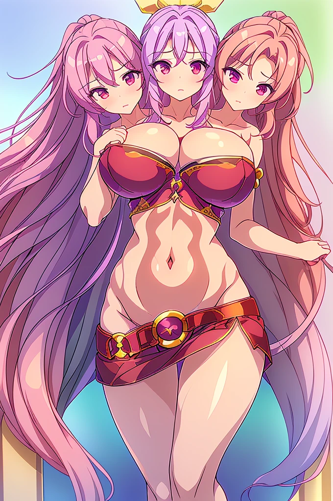 (masterpiece, best quality), best quality, (ultra-detailed), (3heads:1.5), 1girl, (watatsuki no yorihime:1.3), masterpiece, best quality, ultra quality, ultra resolution, ultra detail, dark red top, small crop top, ((stomach)), midriff, ((groin)), open midriff, dark red skirt, miniskirt, normal ears, shackles, light purple hair, tied into a ponytail, very long hair, wavy hair, sidelocks, purple eyes, parted lips, sweat, cute, open belly, toned belly, hand on own chest, eyelashes, (24 year old woman:1.3), (masterpiece:1.5), (best quality:1.5), (beautiful detailed), extremely detailed CG, extremely delicate and beautiful, depth of field, (finely detailed face), (perfect details:1.2), (mature female:1.3), wide pelvis, slender, large veiny breast, 16k resolution, highres, very high quality, very high definition, extremely detailed, masterpiece, light purple hair, long hair, alluring presence, braid, short skirt, close up, very big tits, huge tits, young, white bonnet, red bow, open belly, midriff, nsfw,