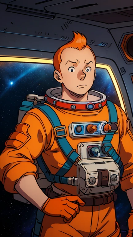 (s:1man: Tintin), (extremely detailed CG unit 8k wallpaper),(master part), (best quality), (ultra detali), (best illustration),(One Piece Style), cowboy shot, (Sharp eyeliner, ombre, detailed eyes:1),Dark midnight derelict spaceship interiors background, ,break , (astronaut in an orange space suit), upper body, short hair, orange hair