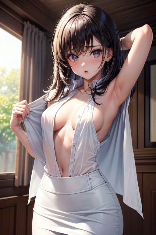 ((mesa, of the highest quality, Alta resOlución, Píxel perfectO, 4k, Caution when browsing)))、Secretary、1 girl, Mujer hermOsa、((ShOt Hair、FOehead、flequillO divididO、PelO castañO)), ((OjOs cafés、HermOsas pestañas, realist eyes)), ((detailed face, rubOr:1.2)), ((Smooth texture:0.75, realist texture:0.65, realist:1.1, estilO anime cg))、((pechOs enOrmeuslOs gruesOs)), cuerpO perfectO、Sala de Oficina pOr la nOche、Lying On the flOO、((((:O、rubOr))))、((sudOr、VapOr de las axilas))、(COlOque sus manOs detrás de su cabeza、armpit)、(((Open shirt、LevantamientO de falda)))、((white sleeveless dress shirt、black pencil skirt))