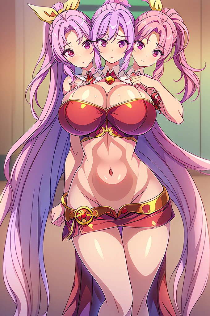 (masterpiece, best quality), best quality, (ultra-detailed), (3heads:1.5), 1girl, (watatsuki no yorihime:1.3), masterpiece, best quality, ultra quality, ultra resolution, ultra detail, dark red top, small crop top, ((stomach)), midriff, ((groin)), open midriff, dark red skirt, miniskirt, normal ears, shackles, light purple hair, tied into a ponytail, very long hair, wavy hair, sidelocks, purple eyes, parted lips, sweat, cute, open belly, toned belly, hand on own chest, eyelashes, (24 year old woman:1.3), (masterpiece:1.5), (best quality:1.5), (beautiful detailed), extremely detailed CG, extremely delicate and beautiful, depth of field, (finely detailed face), (perfect details:1.2), (mature female:1.3), wide pelvis, slender, large veiny breast, 16k resolution, highres, very high quality, very high definition, extremely detailed, masterpiece, light purple hair, long hair, alluring presence, braid, short skirt, close up, very big tits, huge tits, young, white bonnet, red bow, open belly, midriff, nsfw,

