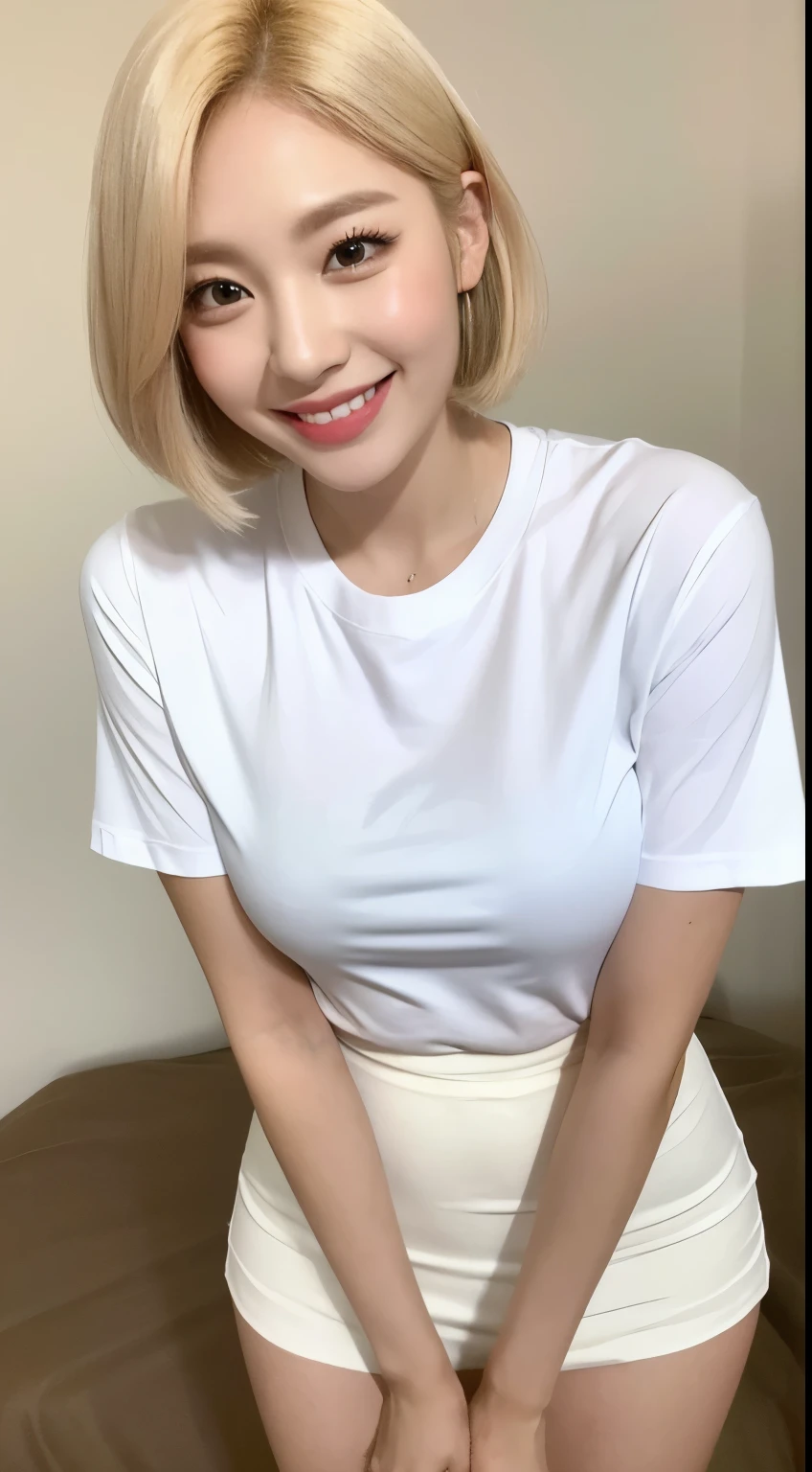 White tight shirt、White Mini Skirt、bed、smile、high resolution、Korean idol face、double eyelid、White teeth、short hair、Blonde、Short sleeve