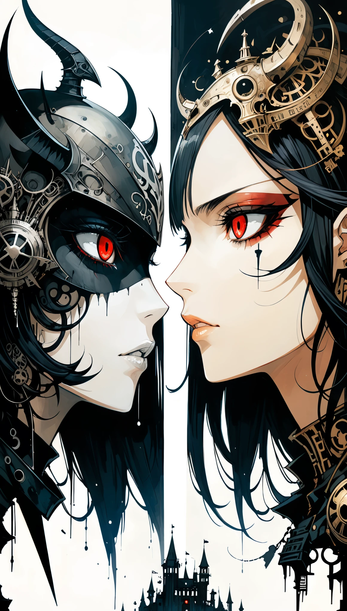 in style of ashley wood,in style of Santiago Caruso,in style of Alex Hirsch,in style of American McGee
Face to face left half dark angle and right half Daemon in big capital letters, 2 sides of theimage, mirrored realms,close-up intensity, captivating gaze