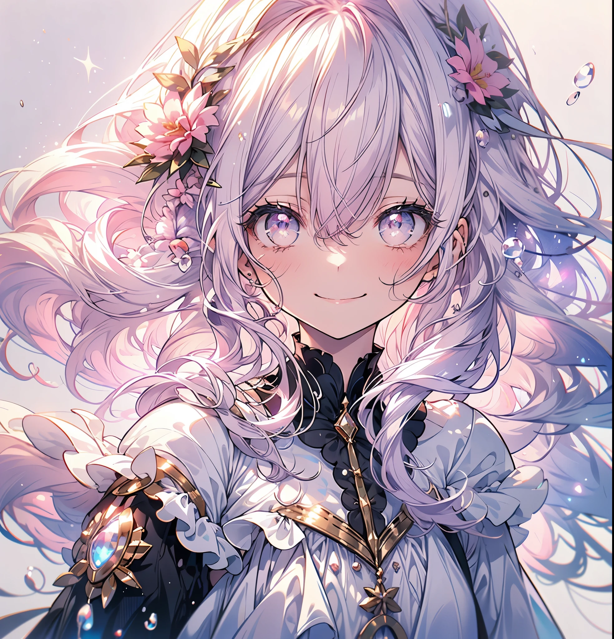 (masterpiece,Highest quality, Very detailed, beautiful, Exquisite, 16K, Full HD), ((smile,Happy:1.5)),get up,((Frills, Sparkling fluffy layered ball gown)), (Pink medium hair,Wavy Hair,Fluffy hair),(White skin,lavender eyes, Long eyelashes, Big eyes,Pale pink cheeks), (pastel colour,Fantasy art:1.2), (White Background:1.8),Facing forward,Upper Body,The body is facing forward.