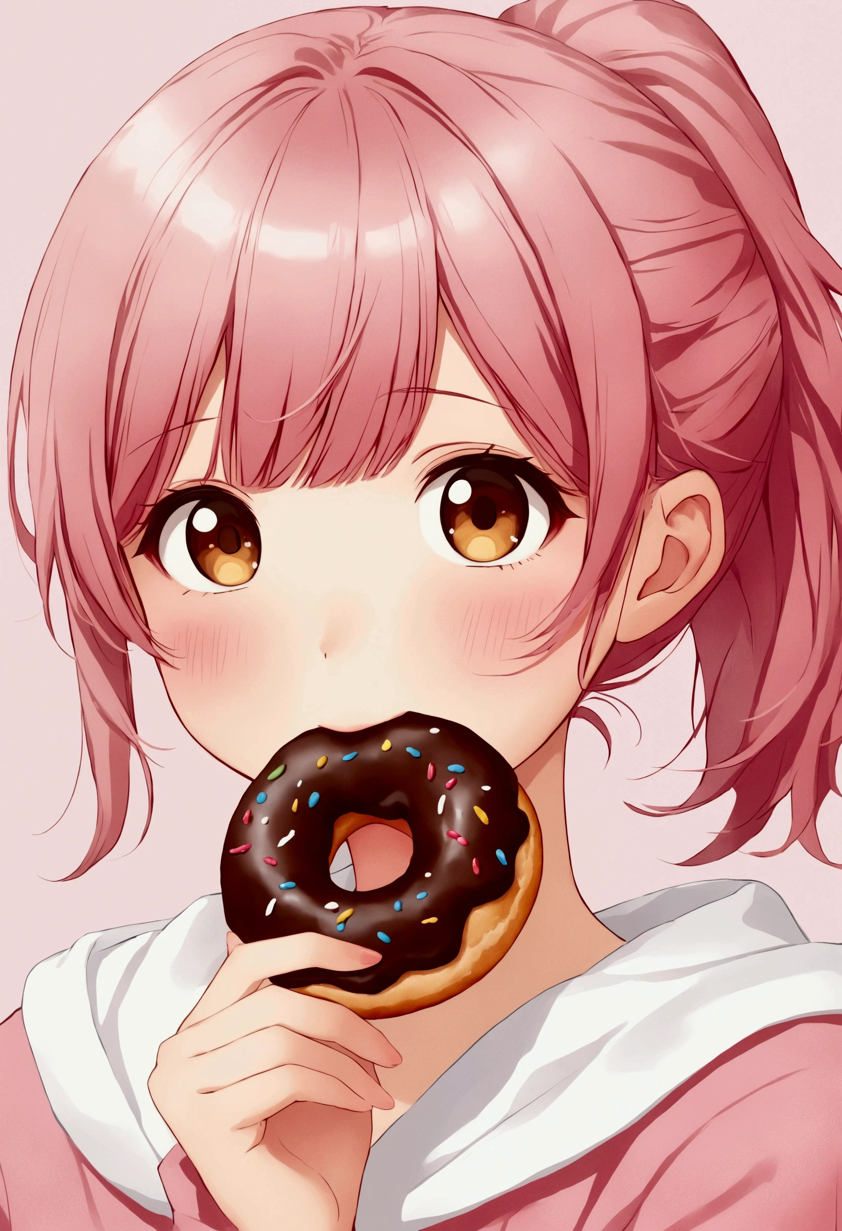 Anime girl eating chocolate donut，Pink ponytail, Animation works by Kentaro Miura, pixiv, realism, Eat donuts, cute的动漫女孩, Young anime girl, Beautiful anime high school, cute女孩的动漫视觉图, cute的动漫女孩 portraits, Anime style 4k, cute的动漫女孩 portrait, Kawaii realistic portrait, Anime Wallpaper 4K，cute:2