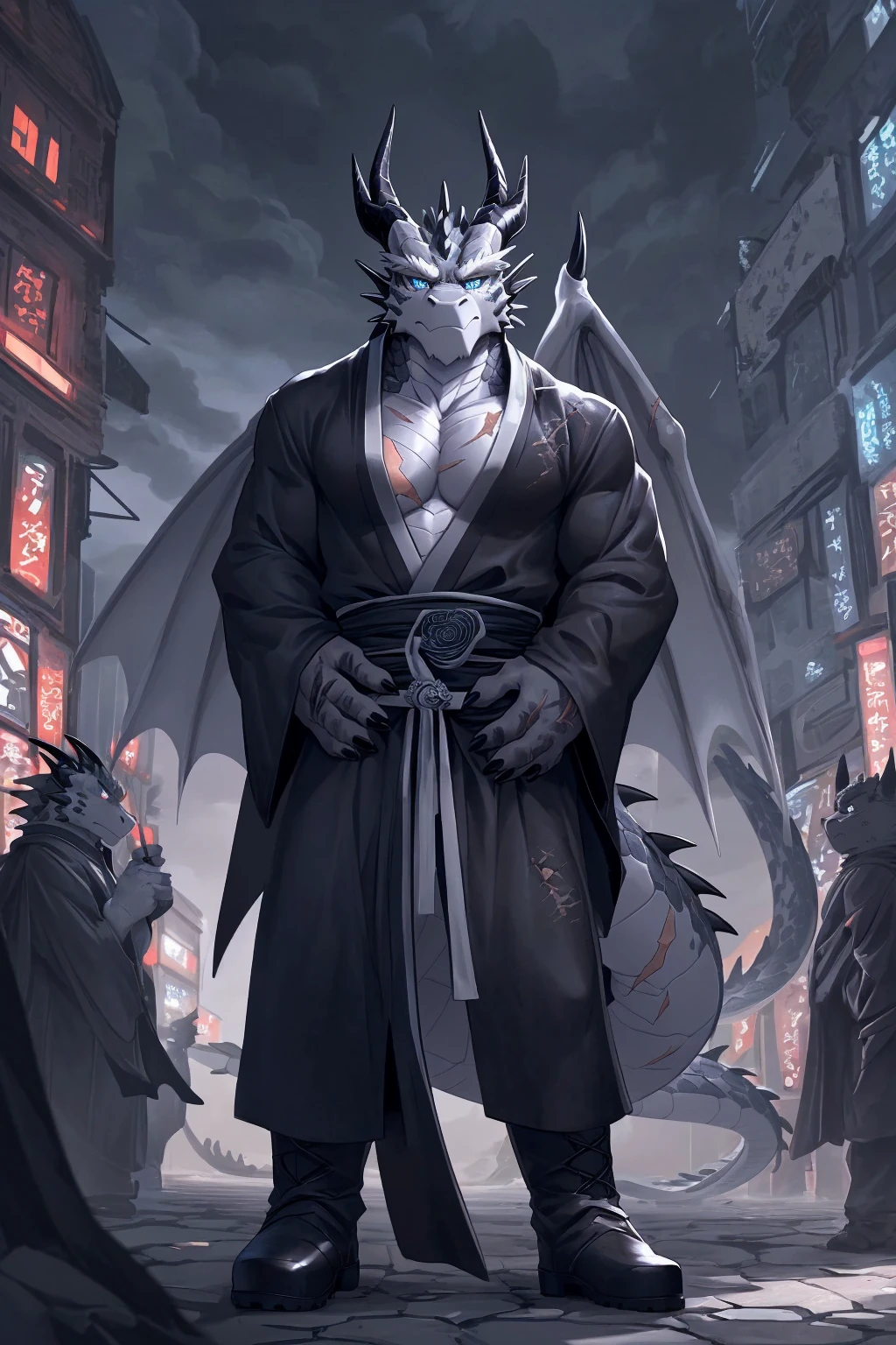 (sfw:1.5), male focus, Handsome 1boy, solitary,protrait photo, (White eyebrows:1.4), single, (Black horn, Dark gray curved corners:1.4), (深灰色的Dragon Wing, Dragon Wing:1.4), (Black nails, Black claws:1.4),(Dark gray hands:1.4), grey skin, grey fur, Gray skin, (深灰色的Tail:1.4), (Perfect blue eyes:1.4), (grey body, Dark gray body:1.3), Black whites of the eyes, (Dark gray dragon scales, 深灰色的Scales:1.4), (Pure white chin, Pure white neck:1.1), (Pure white chest:1.2),
Black Dragon, feet, black dragon, dragon boy, dragon body, (big eyes, large eyes:1.4), (Dragon Tail, Tail:1.4), Dragon Wing, Dragon Horn, Scales, (Chubby, The body is huge, Larger face:1.3),
(Hanfu:1.4) , (Black robe:1.4), (Dark blue texture:1.3), Robe fluttering in the wind, Long sleeve, (Dark blue belt:1.2), (Tang Dynasty Black Cloth Boots:1.4), (Lots of scars, lots of scars, Lots of scars:1.3),
(full body:1.3), (Mature men:1.4), (Strong body, muscle,Strong male, muscle男:1.3), (look up, Standing:1.4), (Looking at the audience, Focus, Eyes gaze:1.2), (arrogant, arrogant, serious, serious, calm, reason, frown:1.4),
full background, street, confusion, Street Lights, (heavily clouded, cloudy day, remote and desolate, Dim environment:1.3),
Mysterious and romantic atmosphere, Caustic lines(refraction, polarization)Perfect anatomical structure, absurd, Detailed background, (Delicate eyes:1.3),Printing style。((artist:Takemoto Arashi))
(Hanfu:1.4) , (Black robe:1.4), (Long sleeve:1.4), (Dark blue texture:1.3), Robe fluttering in the wind, Long sleeve, (Dark blue belt:1.2), (Tang Dynasty Black Cloth Boots:1.4), (covered in wounds, Lots of scars, lots of scars, Lots of scars:1.3),
(full body:1.3), (Mature men:1.4), (Strong body, muscle,Strong male, muscle男:1.3), (look up, Standing:1.4), (Looking at the audience, Focus, Eyes gaze:1.2), (arrogant, arrogant, serious, serious, calm, reason, frown:1.4),(Smile, The corners of the mouth are slightly upturned:1.4),
full background, street, confusion, Street Lights, (heavily clouded, cloudy day, remote and desolate, Dim environment:1.3),
Mysterious and romantic atmosphere, Caustic lines(refraction, polarization)Perfect anatomical structure, absurd, Detailed background, (Delicate eyes:1.3),Printing style。((artist:Takemoto Arashi))