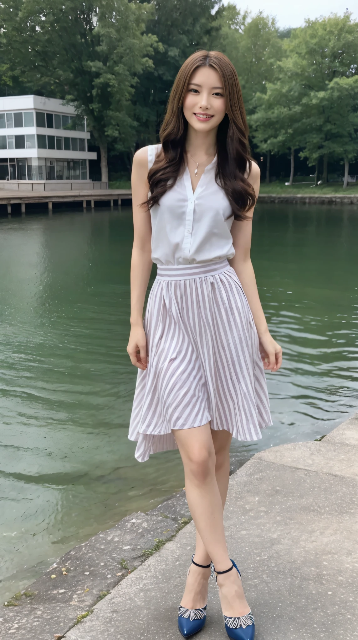((masterpiece)),(((Highest quality))),A low-angle shot that highlights her beautiful thighs and crotch:1.5,Long legs,The best smile:1.5，Slim figure:1.5，whole body:1.5，(One Girl:1.3),(Viewer Display:1.4)，(Pointy high heels:1.3),(Standing with legs wide apart by the lake:1.2),(Wearing a striped long skirt dress:1.2),Long Curly Hair:1.5，