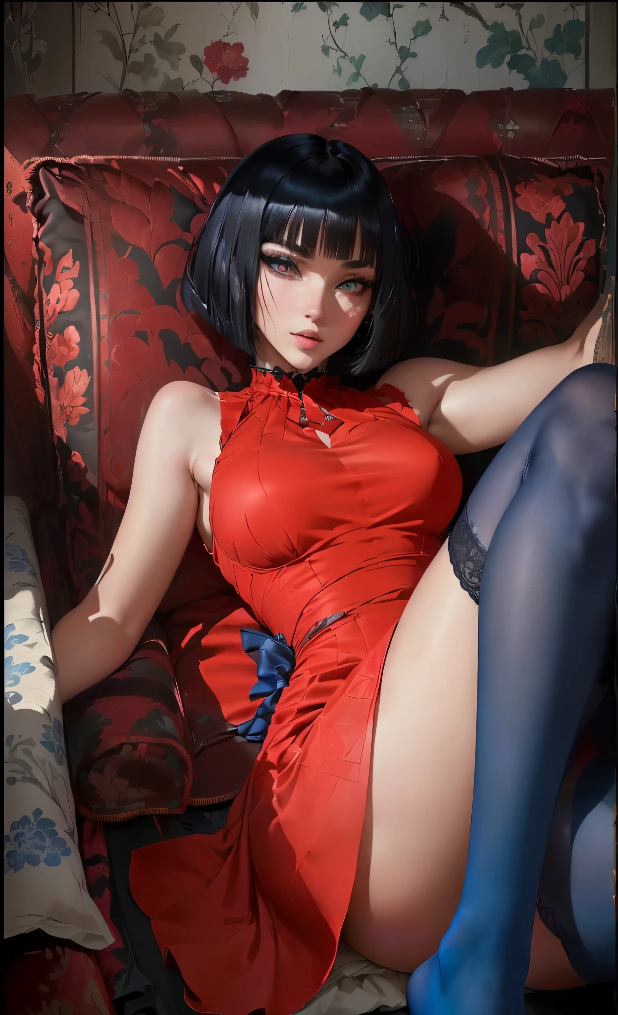 ((RAW photo), absurdities, (absurdresolution)), (front view), masterpiece, best quality, (Extremely detailed 8k unity CG wallpaper), (best quality), (best illustration), (best shadow), absurdities, Realistic lighting, (Abyss), beautiful detailed shine, ((Woman wearing a high-necked, short red dress, sky blue sheer silk stockings)), lying on padded area, sensuality, (bent right leg covering her crotch), outstretched arms, patterned cushions, looking intently at the viewer,, (black bob cut), (light eyes, perfect pupil), high sensuality,