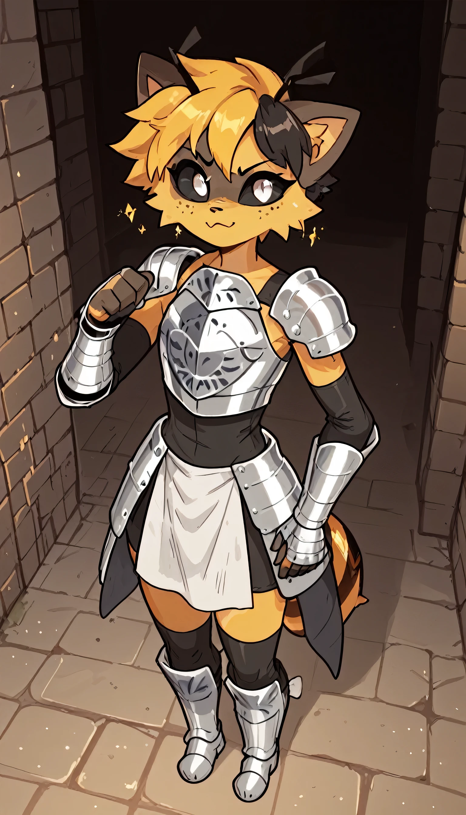 Excited expression, 1boy, femboy, (beecat) , messy yellow hair, short hair, black highlights, anthro, (black sclera), white eyes, (19 years), thighs, solo, (stone crypt) , wearing knight armor, ArmoredDress, (closed mouth), looking at the viewer, dynamic pose, full body, dynamic angle, solo focus:1.2, score_9, score_8_up, score_7_up, score_6_up, score_5_up, score_4_up