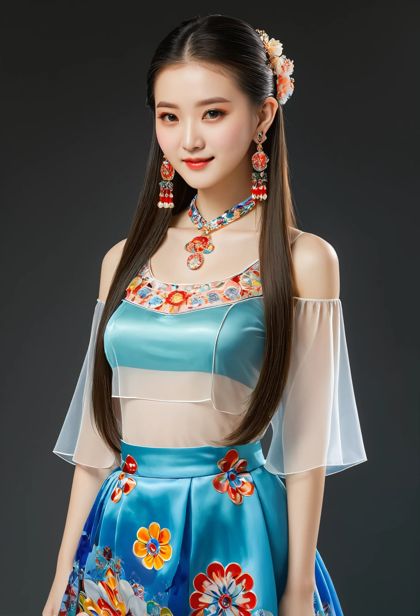 Millefiori glass style, masterpiece, 1 Girl, long_hair, portrait, Upper Body, china transparent silk skirt, skirt, hair ornament, necklace, jewelry, long hair, earrings, Chinese clothes