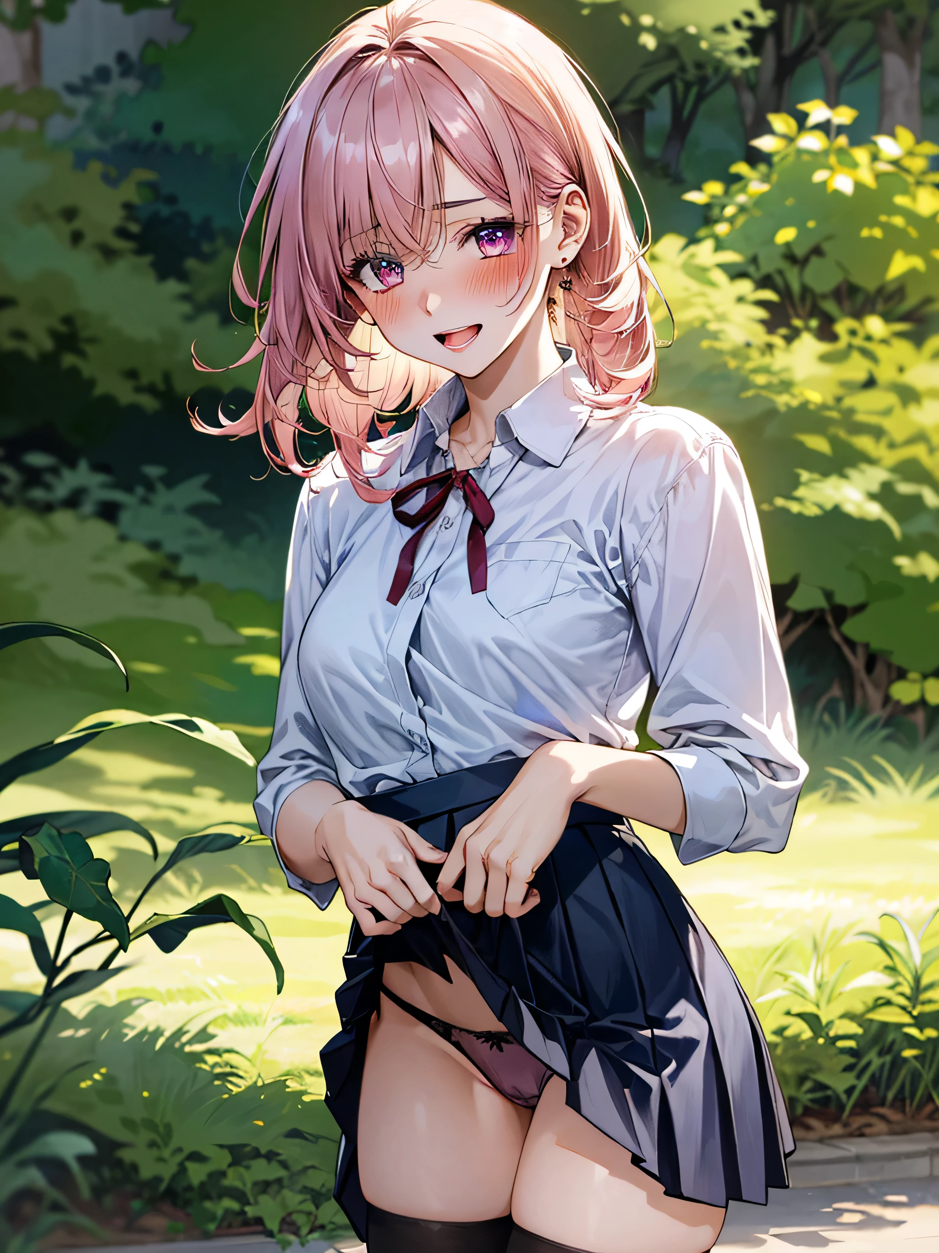 (masterpiece:1.3, top-quality, ultra high res, ultra detailed), (realistic, photorealistic:1.4), beautiful illustration, wearing knit sweater & miniskirt, (Flirtingly lifting her skirt to show her panties:1.3),perfect lighting, natural lighting, colorful, depth of fields, surrealism, (embarrassed,blush:1.3),
beautiful detailed hair, beautiful detailed face, beautiful detailed eyes, beautiful clavicle, beautiful body, beautiful chest, beautiful thigh, beautiful legs, beautiful fingers, shiny skin,
looking at viewer, 1 girl, japanese, high school girl, (perfect anatomy, anatomically correct, super detailed skin), cute and symmetrical face, babyface, perfect face, perfect eyes,
(middle hair, two side up, pink hair), crossed bangs, purple eyes, drooping eyes, big eyes, long eyelashes, (large breasts, seductive thighs, skindentation), slender, outstanding style,
((detailed cloth texture, white collared shirt, blue pleated skirt, dark red neck ribbon), black thigh-highs, loafer),
(beautiful scenery), late afternoon,hands on chest, (lovely smile, upper eyes, open mouth small),