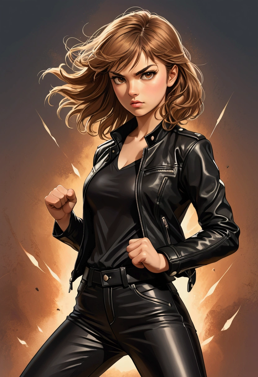 Beautiful young Sarah Kay style girl with semi-short light brown hair, delicate British features, brown eyes, dressed in black leather pants and a black shirt and a black leather jacket, in a fighting stance, illustration, realistic, anime, photography, poster, fashion, portrait photography