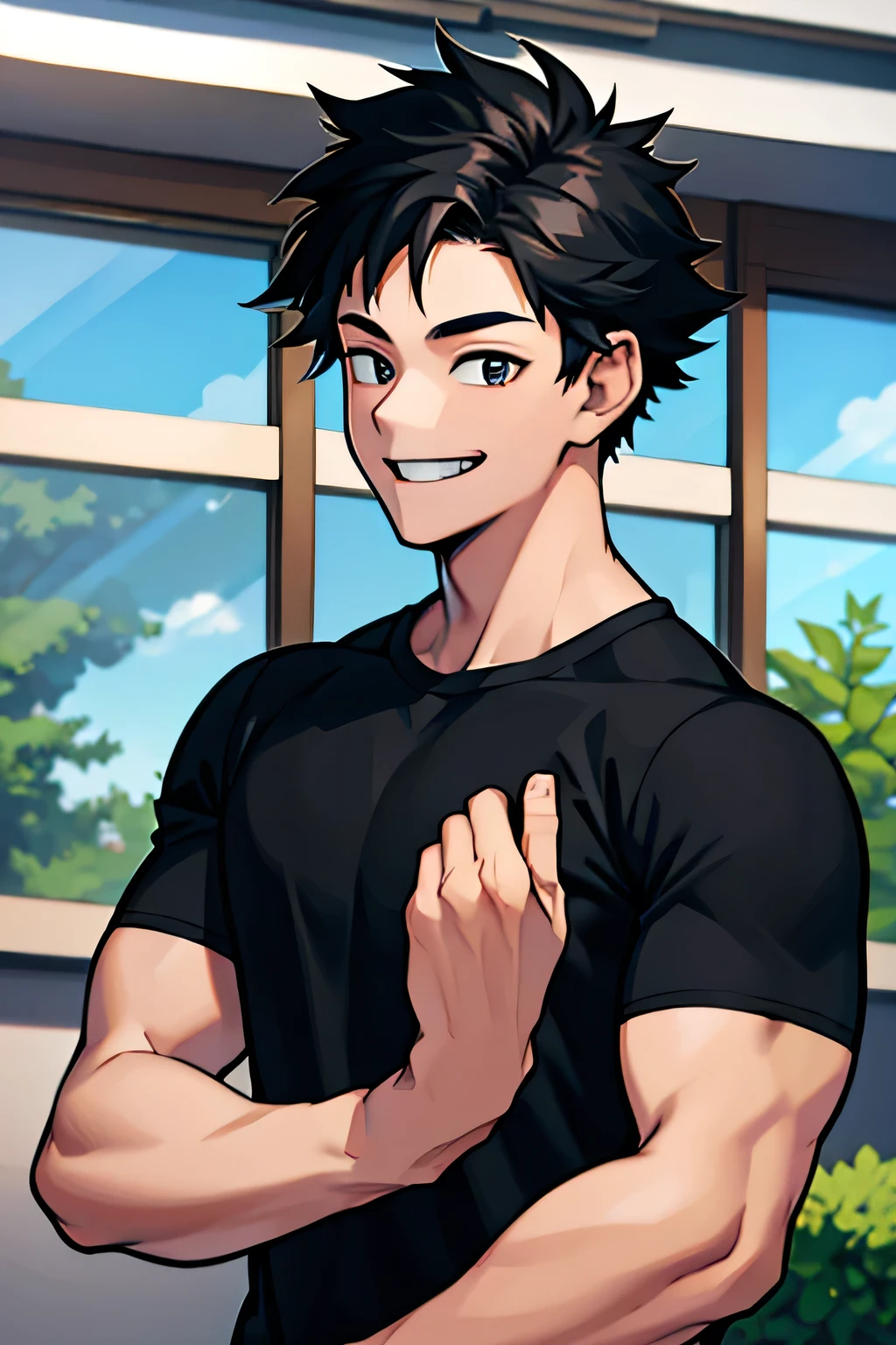 18-year-old young man、Black Hair、Wearing a short-sleeved black shirt、Strong muscles、smile