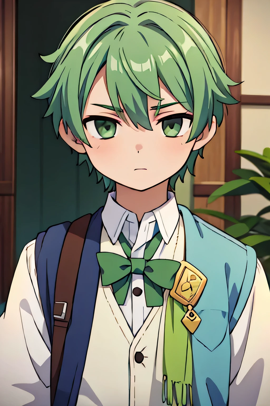 15-year-old boy、Green Hair、Expressionless、Wearing a white vest