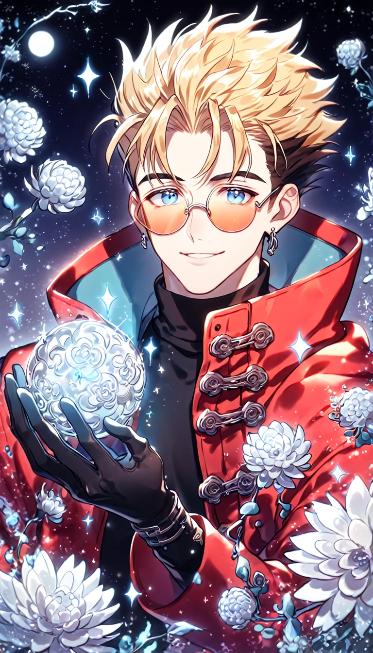absurdres, highres, ultra detailed, HDR, master piece, best quality, extremely detailed, Vash The Stampede, blonde hair, expressive blue eyes, round amber sunglasses, Trigun, solo, sexy man, handsome, red coat, black turtleneck shirt, black gloves, fantasy, sparkling, silver glittering fireflies, silver moon, silver blossoms, silver chrysanthemums, silver sparkling lights, starry sky, magical