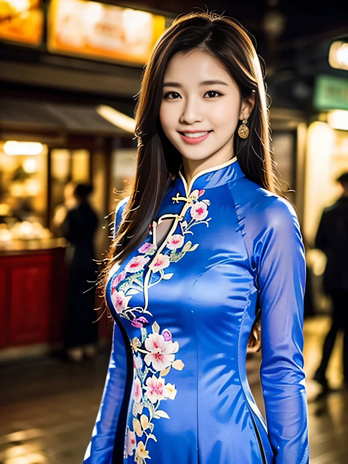 (a beautiful Chinese lady, age 18, Vietnamese traditional blue dress Ao Dai, walking in Hanoi night market, friendly expression, dimpled smile, cute snaggle-tooth, beautiful detailed face, beautiful detailed eyes, ample round bosom, photorealistic, hyper-realism, high contrast, ultra HD, realistic skin textures, top image quality, top-quality, super high resolution, fine details, very meticulously, masterpiece, head to hips, the Cowboy shot, vibrant atmosphere, bokeh background)