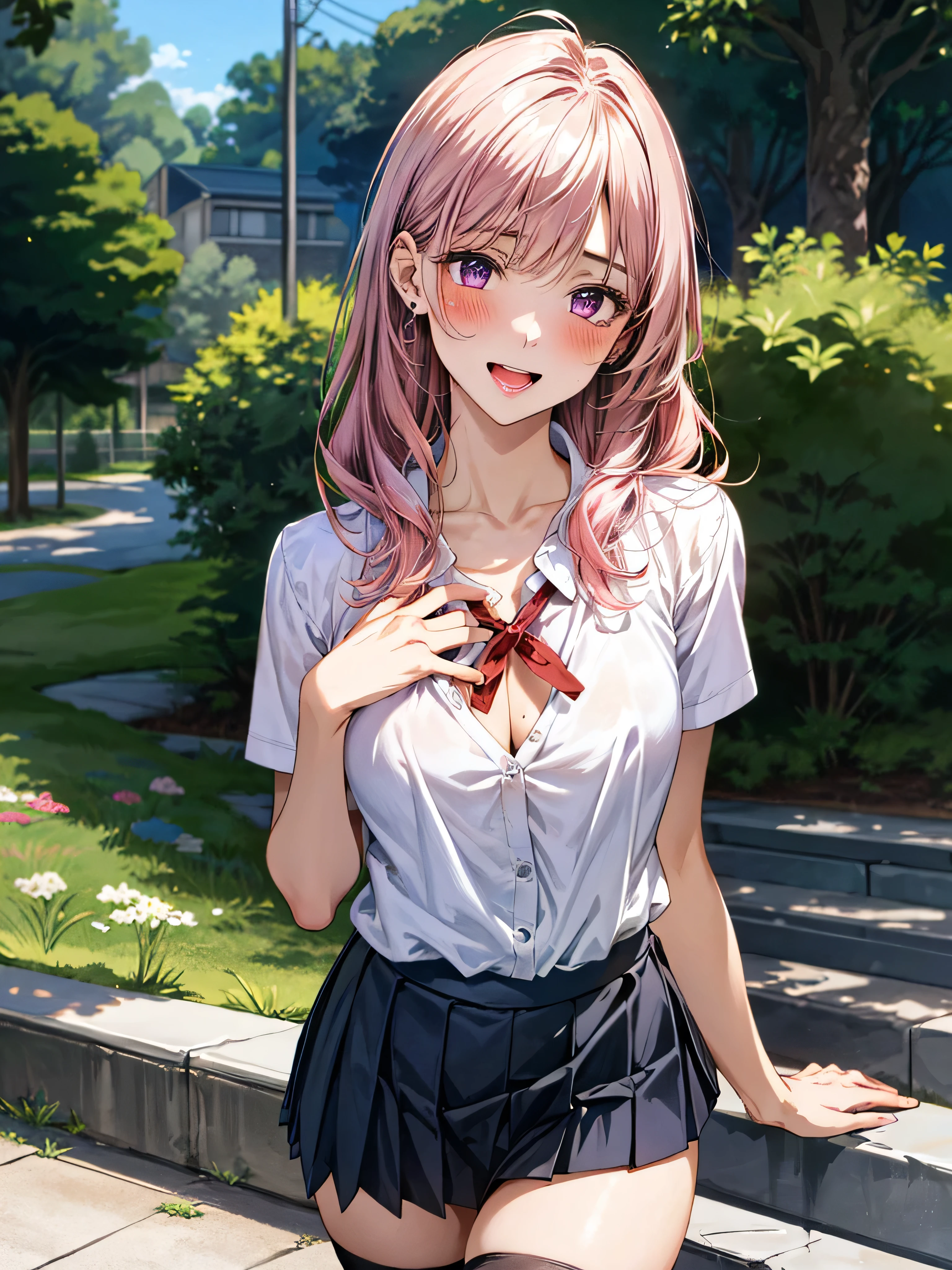 (masterpiece:1.3, top-quality, ultra high res, ultra detailed), (realistic, photorealistic:1.4), beautiful illustration, wearing knit sweater & miniskirt, (Flirtingly lifting her skirt to show her panties:1.3),perfect lighting, natural lighting, colorful, depth of fields, surrealism, (embarrassed,blush:1.3),
beautiful detailed hair, beautiful detailed face, beautiful detailed eyes, beautiful clavicle, beautiful body, beautiful chest, beautiful thigh, beautiful legs, beautiful fingers, shiny skin,
looking at viewer, 1 girl, japanese, high school girl, (perfect anatomy, anatomically correct, super detailed skin), cute and symmetrical face, babyface, perfect face, perfect eyes,
(middle hair, two side up, pink hair), crossed bangs, purple eyes, drooping eyes, big eyes, long eyelashes, (large breasts, seductive thighs, skindentation), slender, outstanding style,
((detailed cloth texture, white collared shirt, blue pleated skirt, dark red neck ribbon), black thigh-highs, loafer),
(beautiful scenery), late afternoon,hands on chest, (lovely smile, upper eyes, open mouth small),