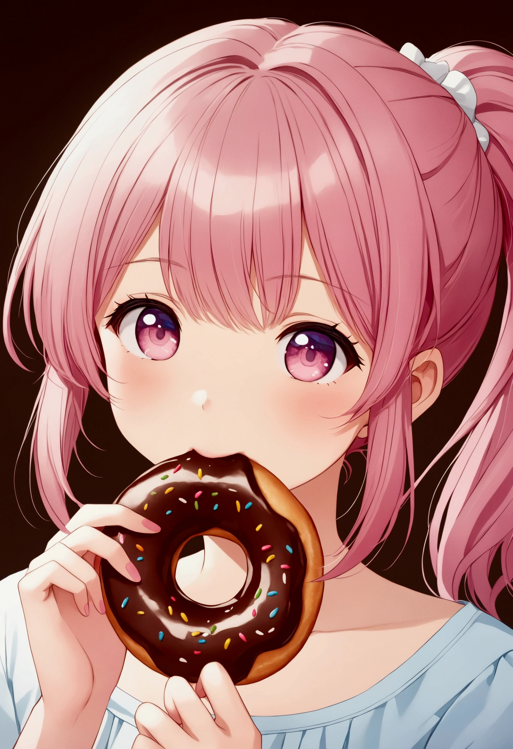 From top to bottom,Anime girl eating chocolate donut,Pink ponytail, Animation works by Kentaro Miura, pixiv, realism, Eat donuts, Cute anime girl, Young anime girl, Beautiful anime high school, Cute girl anime visual, Cute anime girl portraits, Anime style 4k, Cute anime girl portrait, Kawaii realistic portrait, Anime Wallpaper 4K