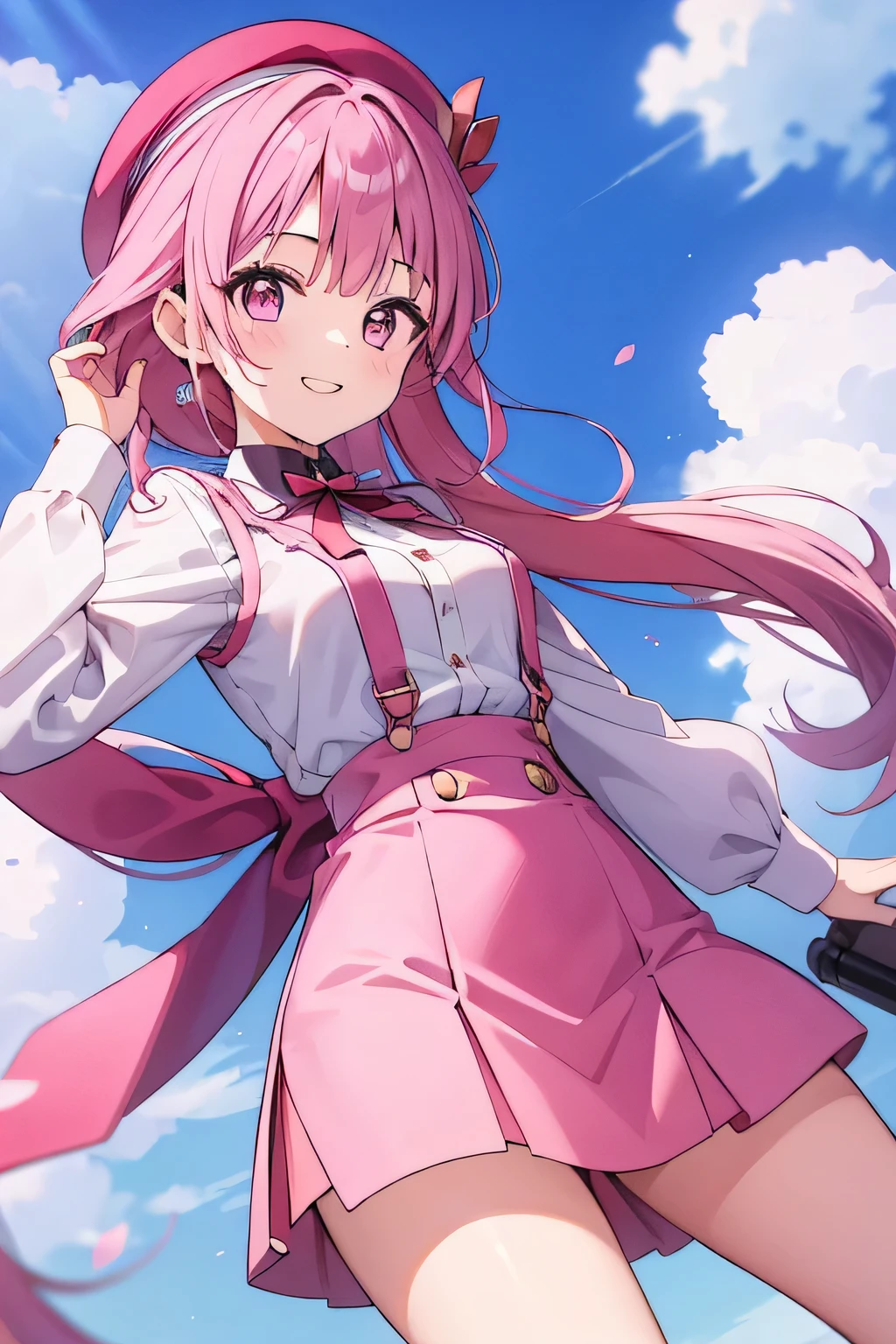16-year-old girl、Pink Hair、Long ponytail、Wearing a beret、smile、Dressed like an idol