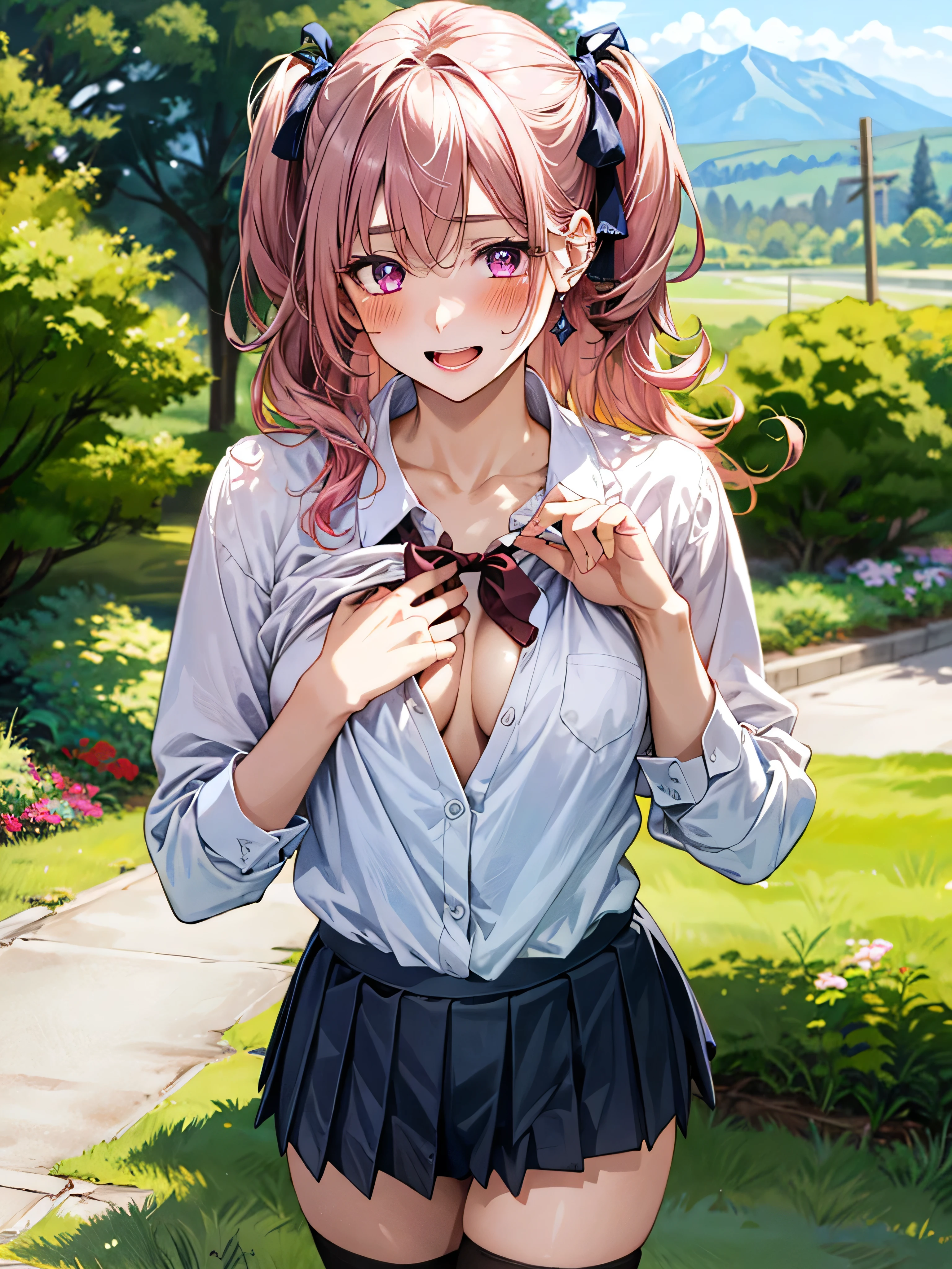 (masterpiece:1.3, top-quality, ultra high res, ultra detailed), (realistic, photorealistic:1.4), beautiful illustration, wearing knit sweater & miniskirt, (Flirtingly lifting her skirt to show her panties:1.3),perfect lighting, natural lighting, colorful, depth of fields, surrealism, (embarrassed,blush:1.3),
beautiful detailed hair, beautiful detailed face, beautiful detailed eyes, beautiful clavicle, beautiful body, beautiful chest, beautiful thigh, beautiful legs, beautiful fingers, shiny skin,
looking at viewer, 1 girl, japanese, high school girl, (perfect anatomy, anatomically correct, super detailed skin), cute and symmetrical face, babyface, perfect face, perfect eyes,
(middle hair, two side up, pink hair), crossed bangs, purple eyes, drooping eyes, big eyes, long eyelashes, (large breasts, seductive thighs, skindentation), slender, outstanding style,
((detailed cloth texture, white collared shirt, blue pleated skirt, dark red neck ribbon), black thigh-highs, loafer),
(beautiful scenery), late afternoon,hands on chest, (lovely smile, upper eyes, open mouth small),