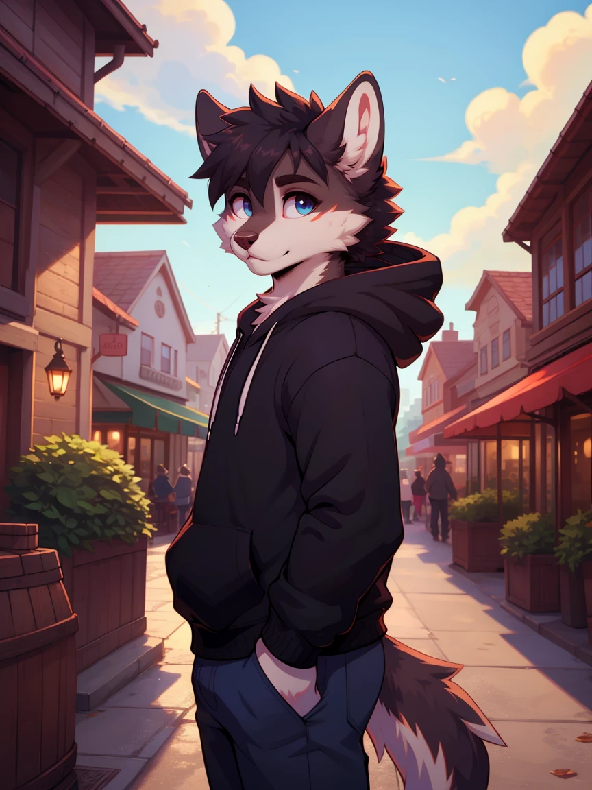 (cafesoda:1.1), Hioshiru, zorro、, playboy, sky blue eyes, multicolored fur, White skin, dark brown fur, black fur, wearing a hoodie, Alone, small town behind in the background.