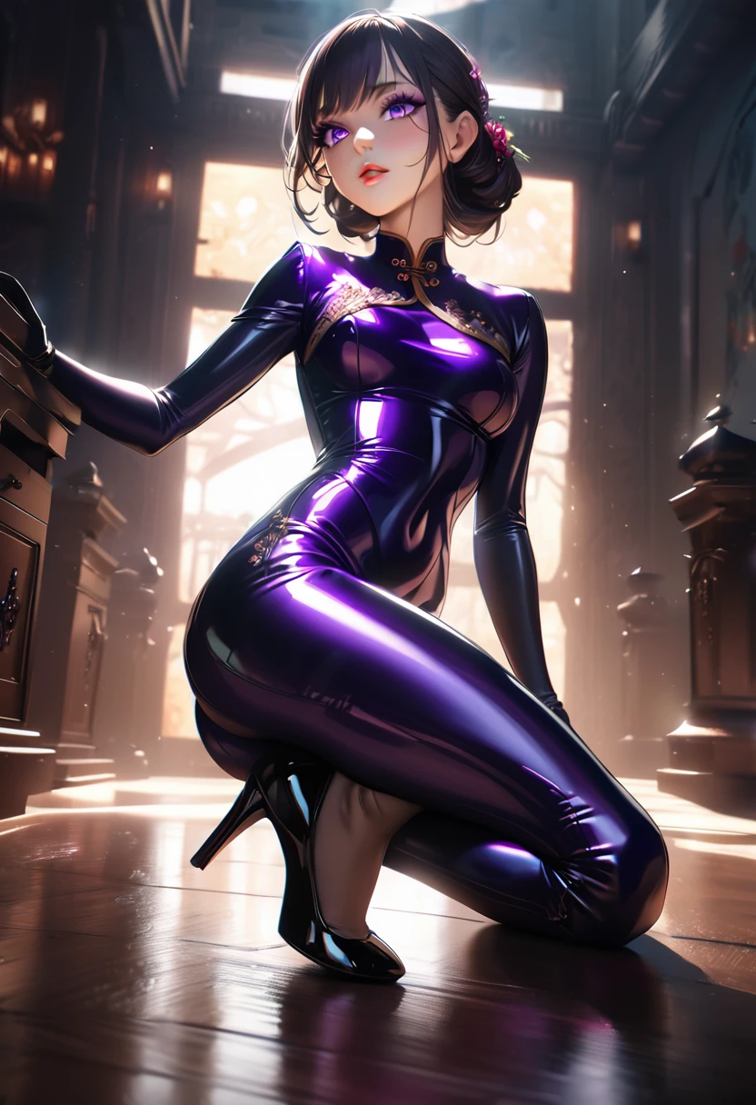a beautiful young woman, detailed eyes, detailed lips, extremely detailed face and eyes, long eyelashes, wearing a tight bodysuit, qipao dress, high heels, gloves, latex texture, cinematic lighting, vivid colors, photorealistic, 8k, best quality, masterpiece