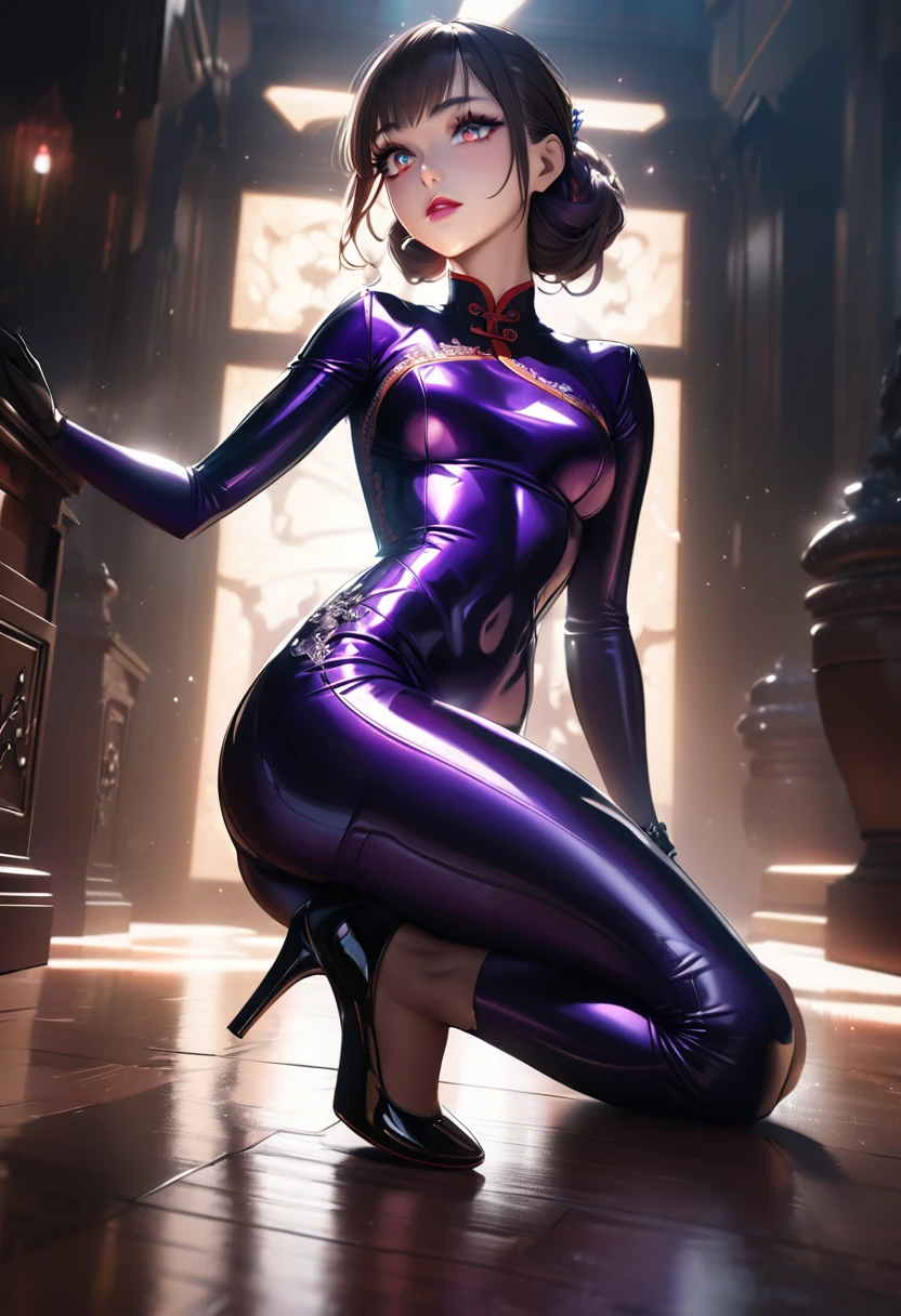 a beautiful young woman, detailed eyes, detailed lips, extremely detailed face and eyes, long eyelashes, wearing a tight bodysuit, qipao dress, high heels, gloves, latex texture, cinematic lighting, vivid colors, photorealistic, 8k, best quality, masterpiece
