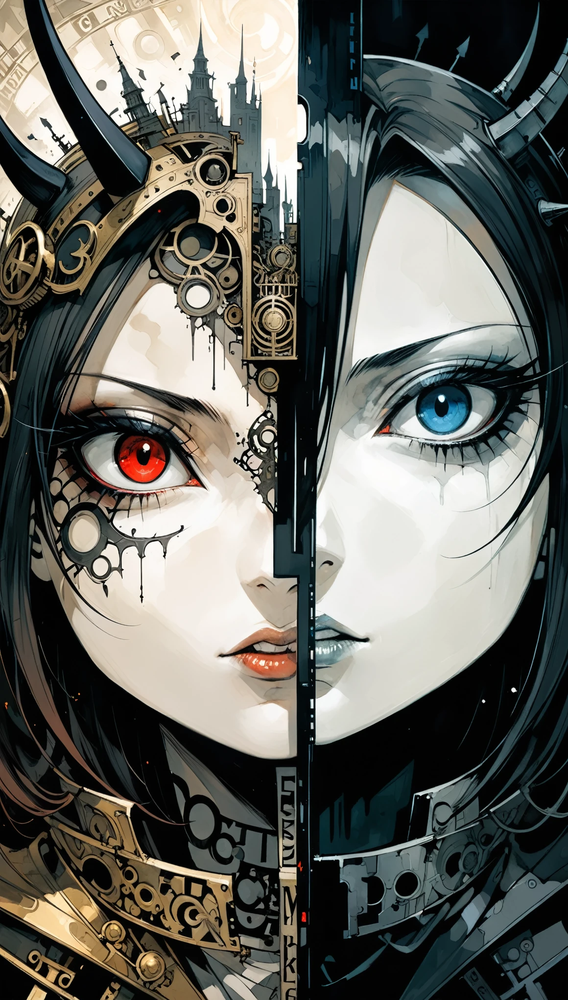 in style of ashley wood,in style of Santiago Caruso,in style of Alex Hirsch,in style of American McGee
Face to face left half dark angle and right half Daemon in big capital letters, 2 sides of theimage, mirrored realms,close-up intensity, captivating gaze