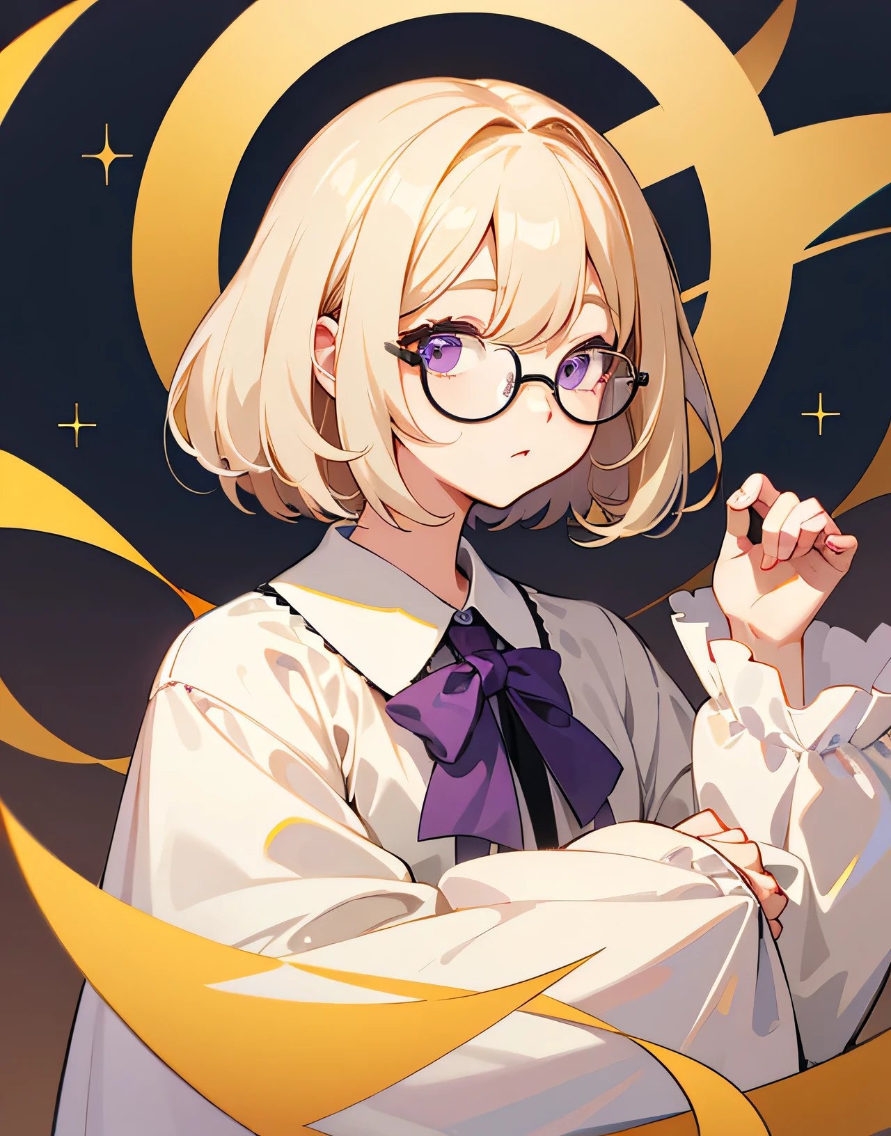 ((Highest quality)), ((masterpiece)), (detailed), Cream colored hair、Bob Hair、Slightly droopy eyes、Purple Eyes、Narrow-rimmed round glasses、girl、Facing forward、Friendly atmosphere、No belongings