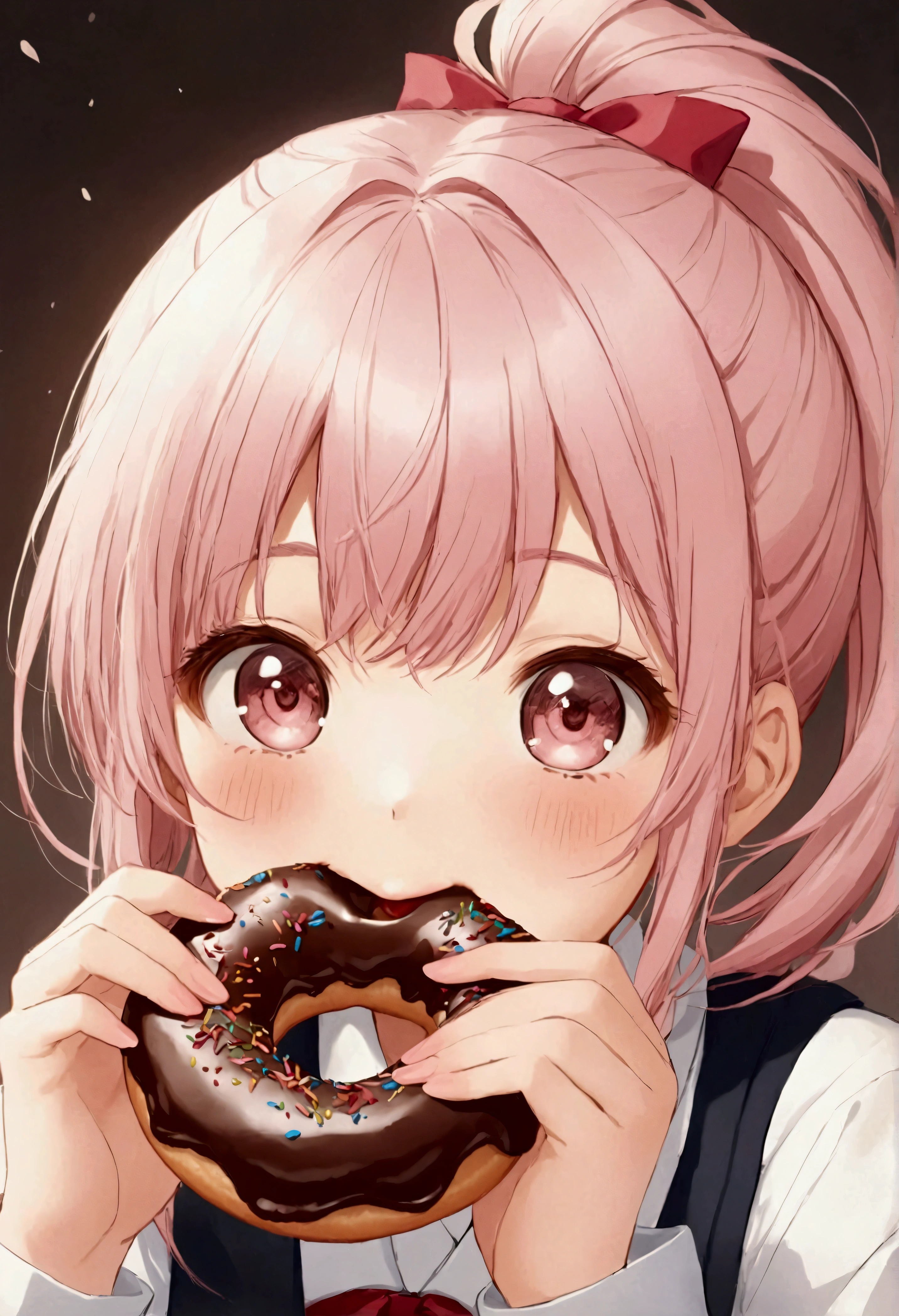 Anime girl eating chocolate donut，Pink ponytail, Animation works by Kentaro Miura, pixiv, realism, Eat donuts, Cute anime girl, Young anime girl, Beautiful anime high school, Cute girl anime visual, Cute anime girl portraits, Anime style 4k, Cute anime girl portrait, Kawaii realistic portrait, Anime Wallpaper 4K