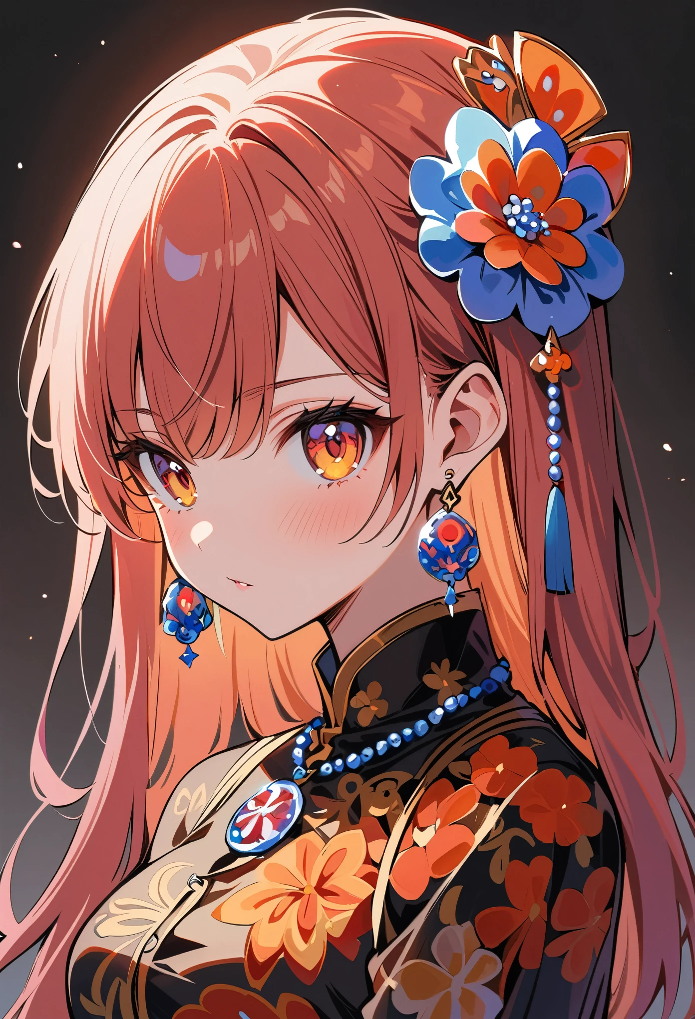 Millefiori glass style, masterpiece, 1 Girl, long_hair, portrait, Upper Body, china transparent silk skirt, skirt, hair ornament, necklace, jewelry, long hair, earrings, Chinese clothes
