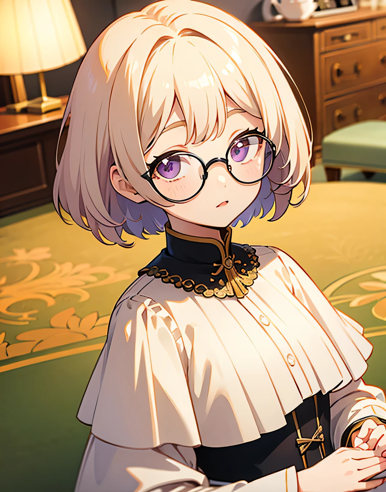 ((Highest quality)), ((masterpiece)), (detailed), Cream colored hair、Bob Hair、Slightly droopy eyes、Purple Eyes、Narrow-rimmed round glasses、girl、Facing forward、Friendly atmosphere、No belongings