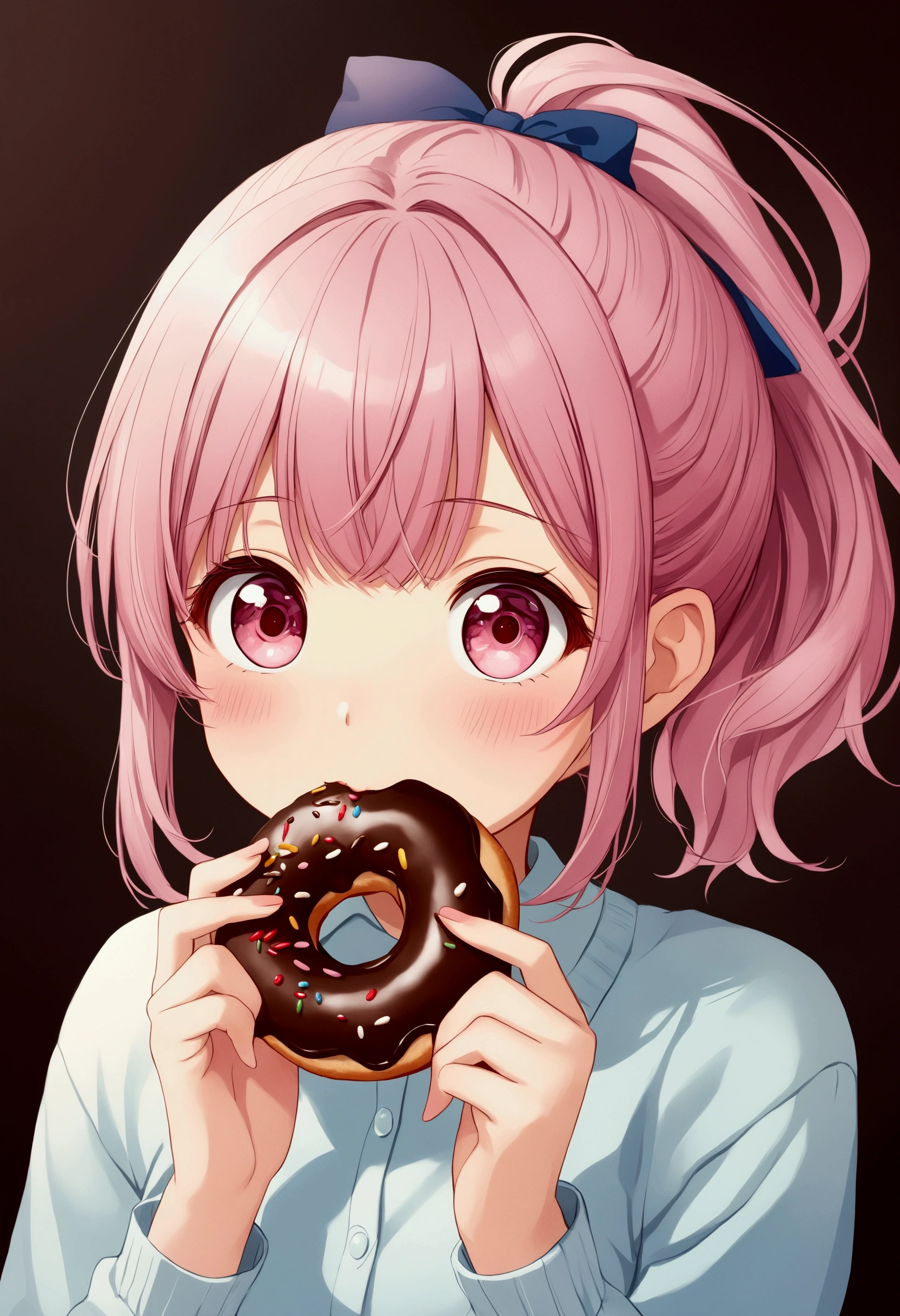 Anime girl eating chocolate donut，Pink ponytail, Animation works by Kentaro Miura, pixiv, realism, Eat donuts, Cute anime girl, Young anime girl, Beautiful anime high school, Cute girl anime visual, Cute anime girl portraits, Anime style 4k, Cute anime girl portrait, Kawaii realistic portrait, Anime Wallpaper 4K