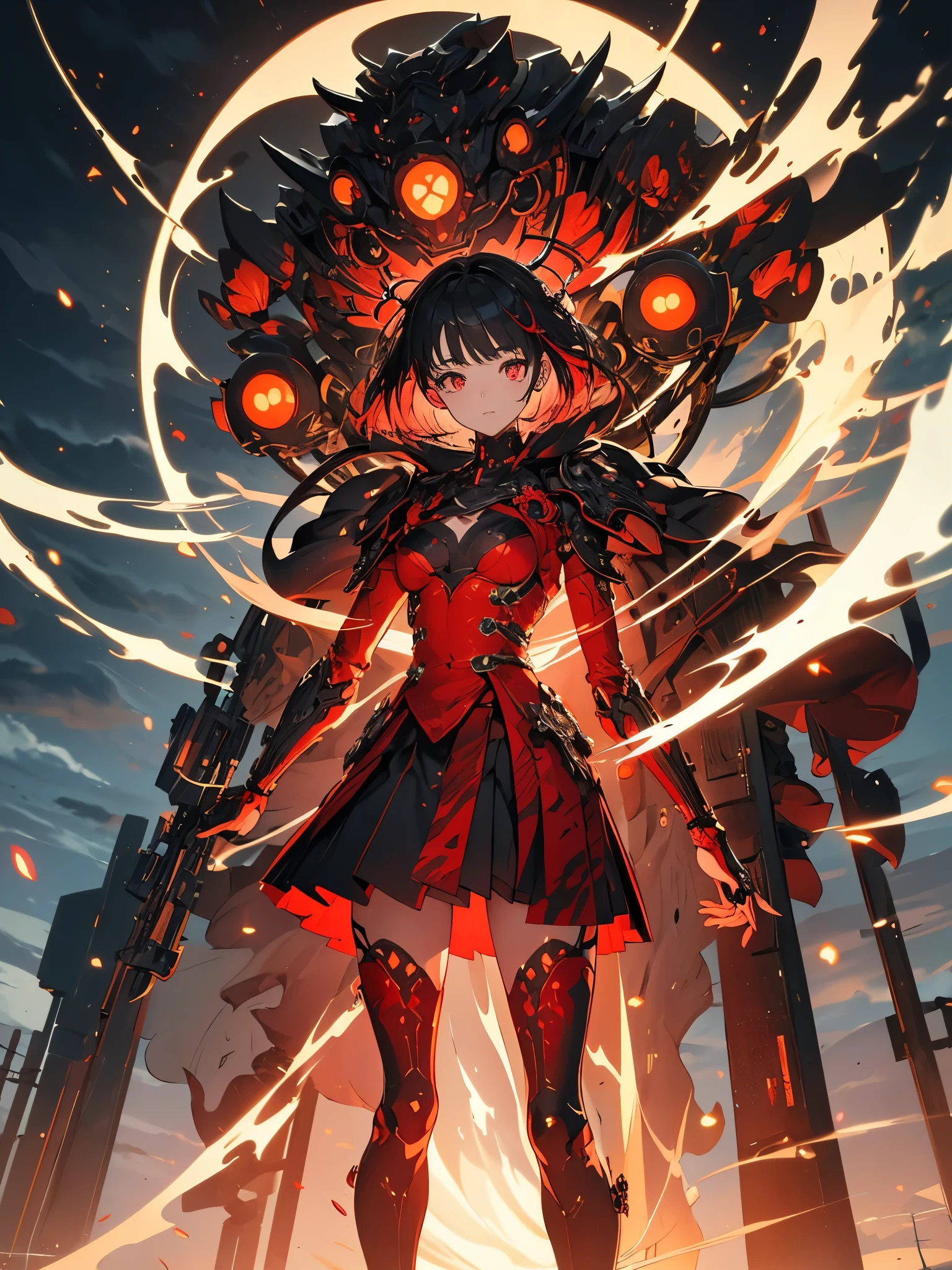 1 Japanese girl, exo-skeleton, intricate pattern, heavy metal, energy lines, with no face, glare eyes, chic, concentrated, blood red and black uniform, standing alone, moderno, citys, streets, dark clouds, thunderstorm, chuva pesada,, dramatic lighting,, (work of art:1.2), best qualityer, high resolution,   Beautiful detailed, extremely detaild, perfect lighting,