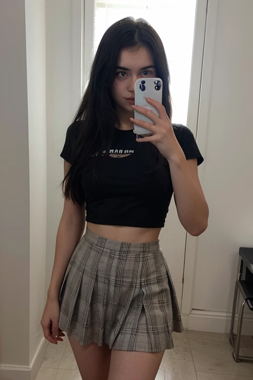 14 year old girl with straight black hair taking a selfie in a skirt