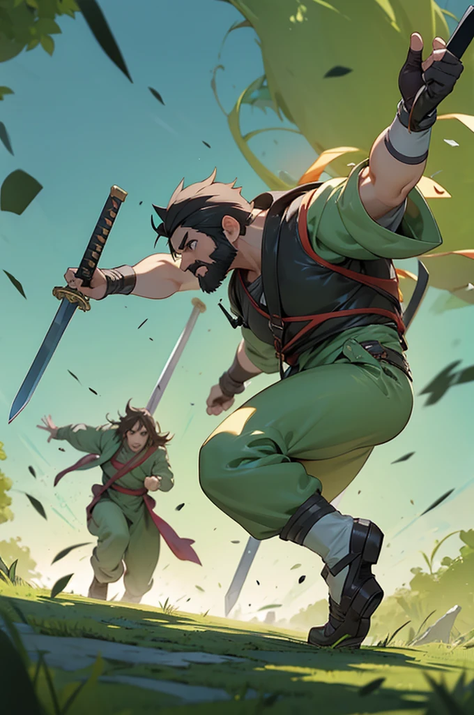 I need a picture of two men with swords on their backs, with a strong body, one that is noticeably fatter than the other, It seems like they are running from some zombies, make it look like they are jumping onto the screen