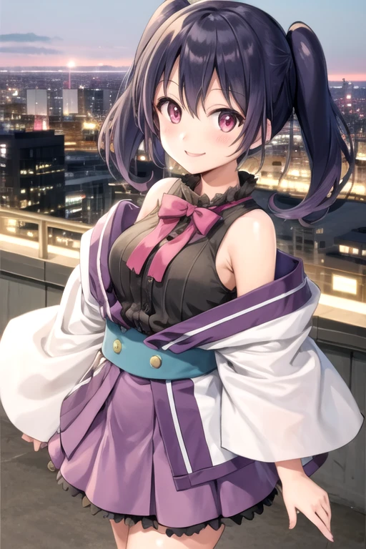 Yukimi Koume, Sleeveless shirt, Medium chest, Off the shoulder, Short kimono, White kimono, smile, Cityscape, Twin tails, Pink Eyes, black hair skirt, Black Shirt,