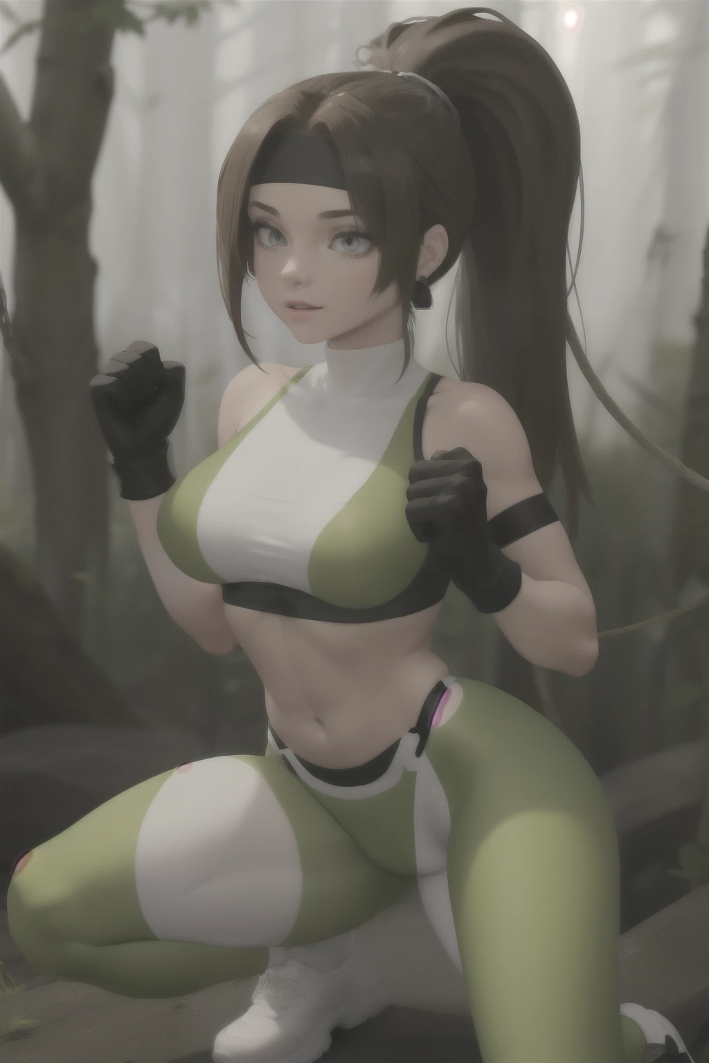 (1girl,3d, photorealistic,masterpiece, best quality), excited, portrait, seductive pose, in a forest,
1girl,gloves, headband, pants, ponytail, green leggings, black gloves, large breasts, long hair, sports bra, earrings, brown hair, midriff, jewelry, white socks,white footwear, rope, navel,white socks,toned
 