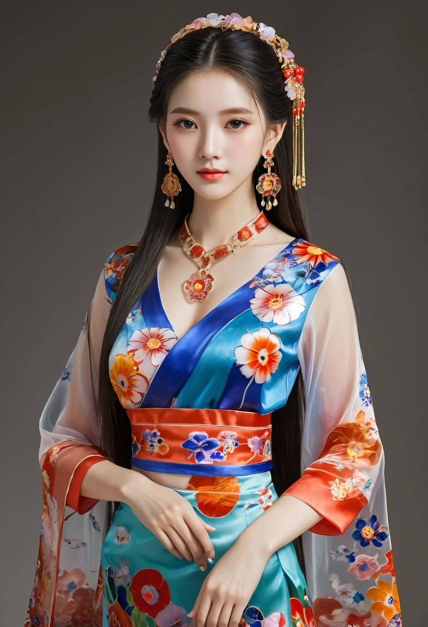 Millefiori glass style, masterpiece, 1 Girl, long_hair, portrait, Upper Body, china transparent silk skirt, skirt, hair ornament, necklace, jewelry, long hair, earrings, Chinese clothes