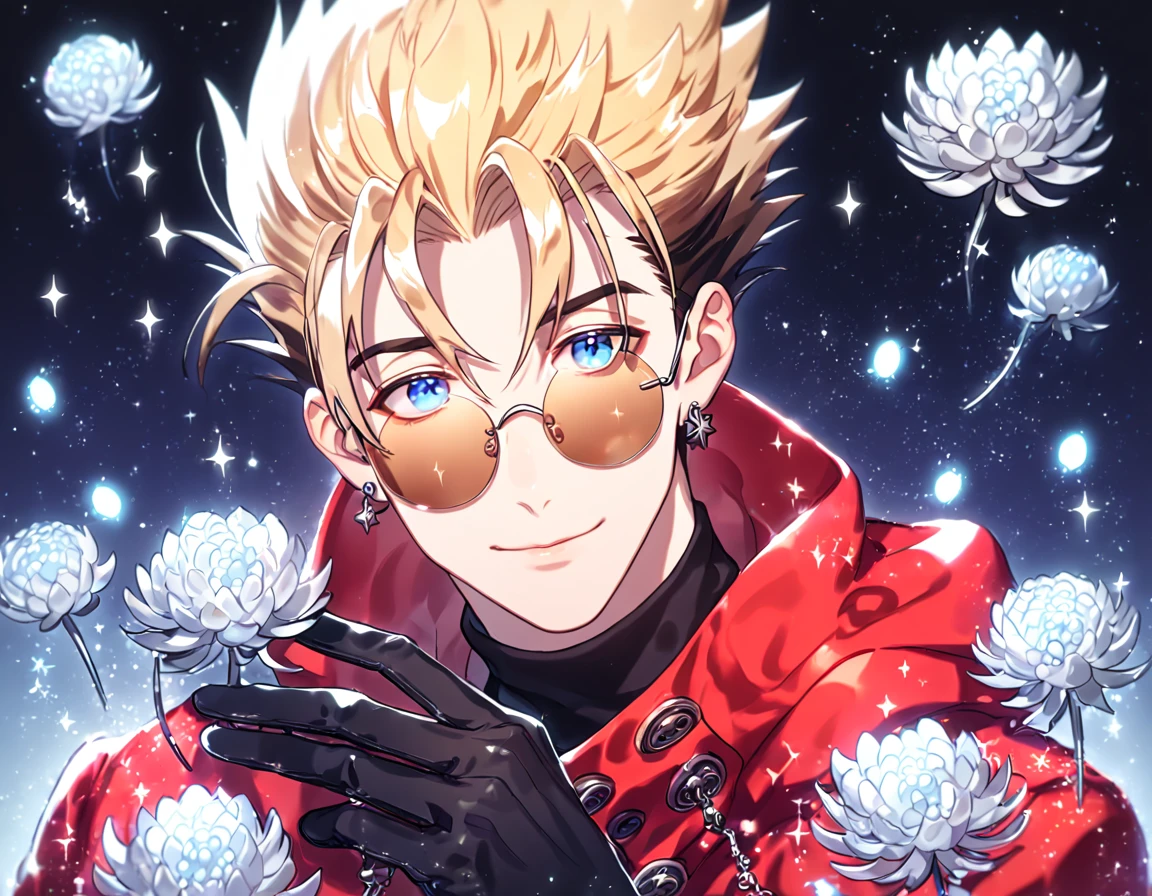 absurdres, highres, ultra detailed, HDR, master piece, best quality, extremely detailed, Vash The Stampede, blonde hair, expressive blue eyes, round amber sunglasses, Trigun, solo, sexy man, handsome, red coat, black turtleneck shirt, black gloves, fantasy, sparkling, silver glittering fireflies, silver moon, silver blossoms, silver chrysanthemums, silver sparkling lights, starry sky, magical