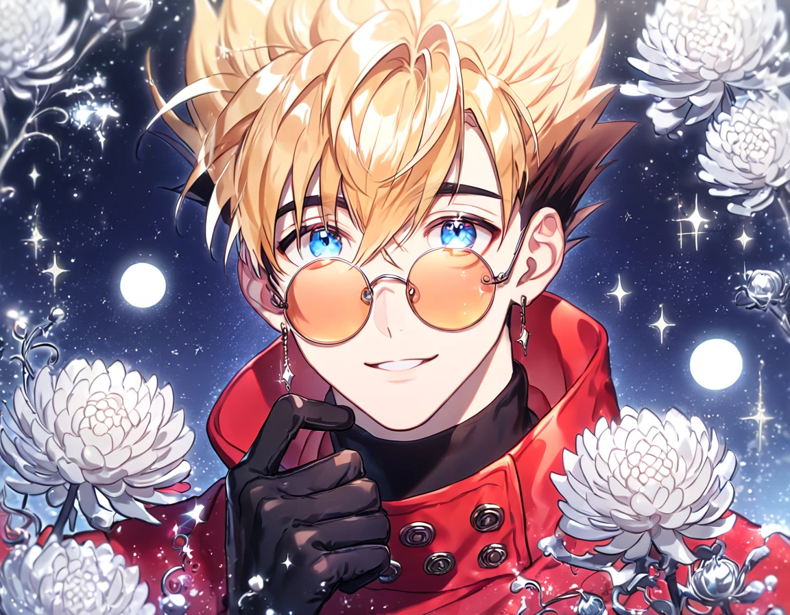 absurdres, highres, ultra detailed, HDR, master piece, best quality, extremely detailed, Vash The Stampede, blonde hair, expressive blue eyes, round amber sunglasses, Trigun, solo, sexy man, handsome, red coat, black turtleneck shirt, black gloves, fantasy, sparkling, silver glittering fireflies, silver moon, silver blossoms, silver chrysanthemums, silver sparkling lights, starry sky, magical