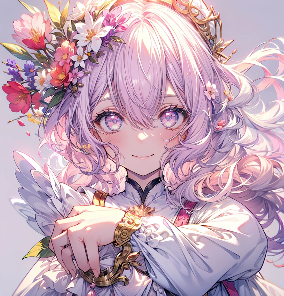 (masterpiece,Highest quality, Very detailed, beautiful, Exquisite, 16K, Full HD), ((smile,Happy:1.5)),get up,((Frills, Sparkling fluffy layered ball gown)), (Pink medium hair,Wavy Hair,Fluffy hair),(White skin,Lavender eyes, Long eyelashes, Big eyes,Pale pink cheeks), (pastel colour,Fantasy art:1.2), (White Background:1.8),Facing forward,Upper Body,身体はFacing forward