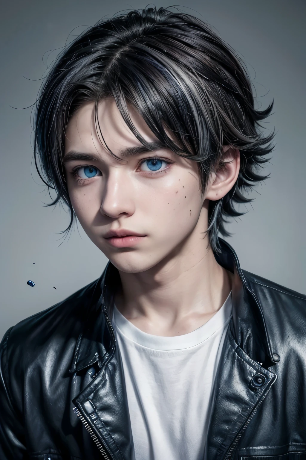 high quality image)(Boku no Hero Academia drawing style of a 16 year old boy with short, unkempt raven hair with silver highlights, big sapphire blue eyes, splattered nose, semi full lips and light teas with a black jacket and gray shirt