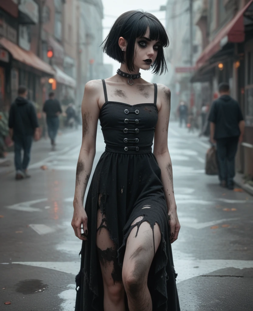 Goth girl,shorth hair, abandonned, wearing a dirty white dress