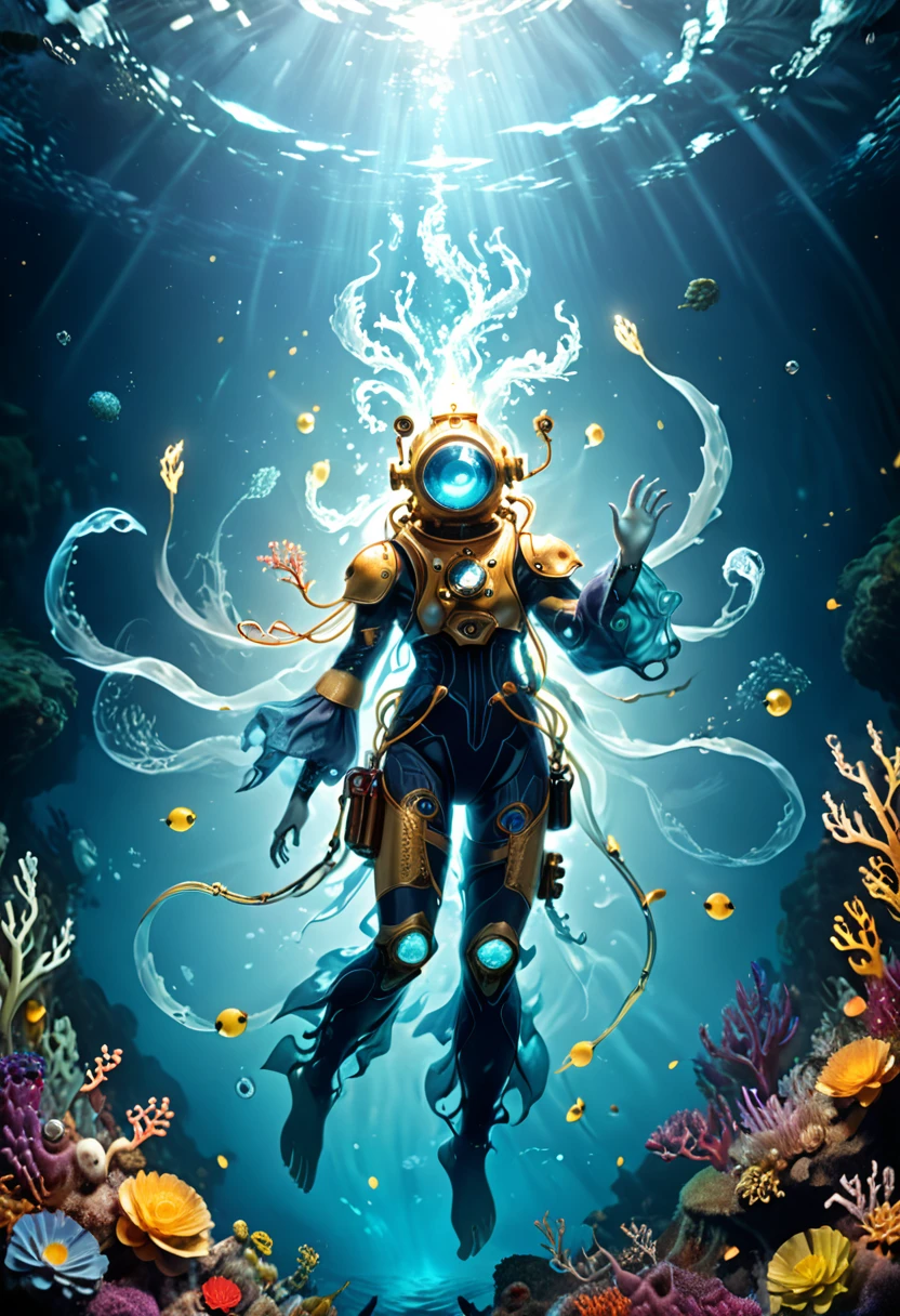 (best quality, Ridiculous, high resolution, extremist detailed, Dynamic angle:1.2), 1girl, mage, Hydromancer, (rich and colorful:1.3), Gorgeous diving jumpsuit, Lama diving helmet, glowing cybernetics, Robe woven with celestial patterns, (cast a spell, occult knowledge, Empower allies, Elemental Water Magic:1.5), Elegant and glowing runes, (underwater:1.2), marine plants, bioluminescence, futuristic, science fiction, (intricate details, hyperdetailed:1.15), (extremisthigh resolution textures), (Volumetric, Dark blue) light, (Full body shot:2.0), (Wide-angle lens:2.0), Bokeh, cinematic, Caustics, depth of field, masterpiece, 8k, award winning, anatomically correct, textured skin, high details