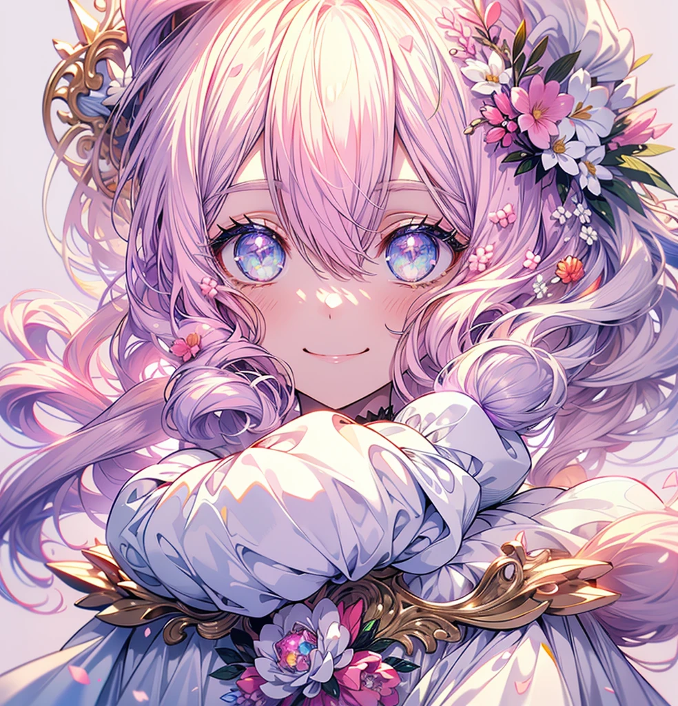(masterpiece,Highest quality, Very detailed, beautiful, Exquisite, 16K, Full HD), ((smile,Happy:1.5)),get up,((Frills, Sparkling fluffy layered ball gown)), (Pink medium hair,Wavy Hair,Fluffy hair),(White skin,Lavender eyes, Long eyelashes, Big eyes,Pale pink cheeks), (pastel colour,Fantasy art:1.2), (White Background:1.8),Facing forward,Upper Body,身体はFacing forward