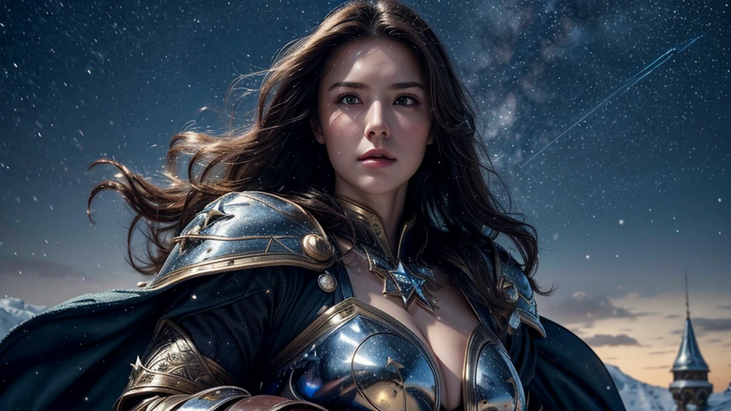 masterpiece, rest, best quality, Very detailed, Super real, 16K, high resolution, castle,snow, ((Starry Sky)),Female Warrior,Gorgeous armor,Complex Mode,Pretty Face,Closed mouth,dramatic,Half-length photo,Glowing sword,Large Breasts