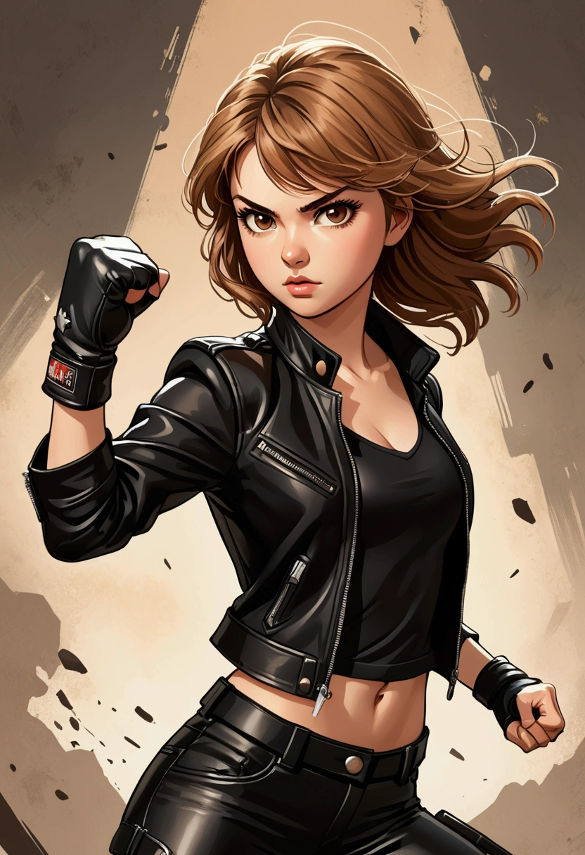 Beautiful young Sarah Kay style girl with semi-short light brown hair, delicate British features, brown eyes, dressed in black leather pants and a black shirt and a black leather jacket, in a fighting stance, illustration, realistic, anime, photography, poster, fashion, portrait photography